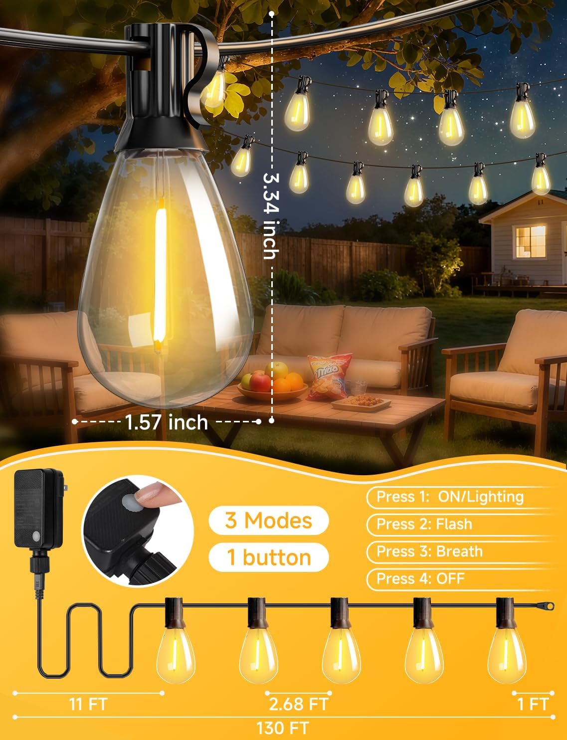 Thumbnail 5 de Likesky 130FT LED Outdoor String Lights with Remote, 2700K, S11 Bulbs