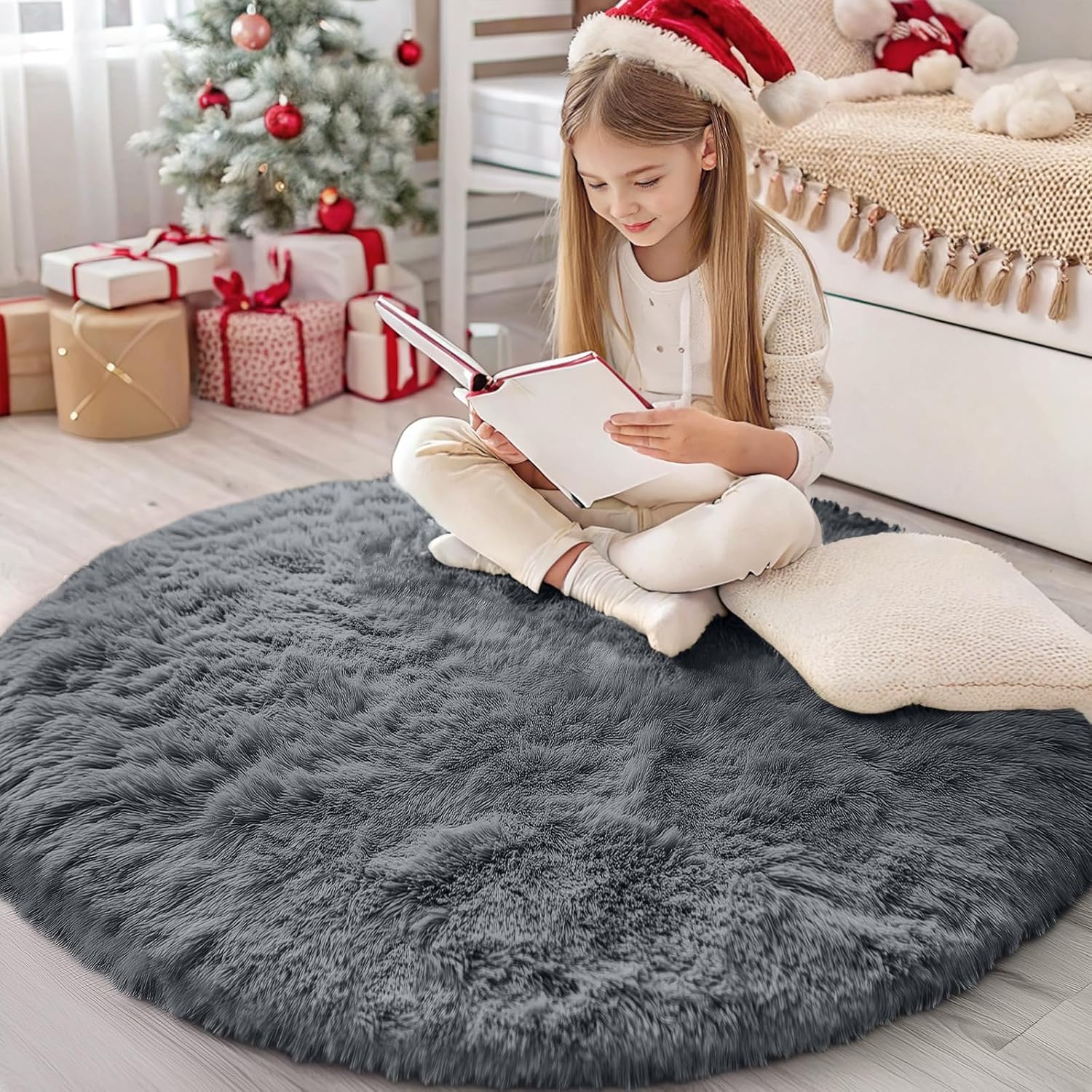 Detalle de Homaxy Hochflor Teppich Runde 120 cm Dunkelgrau