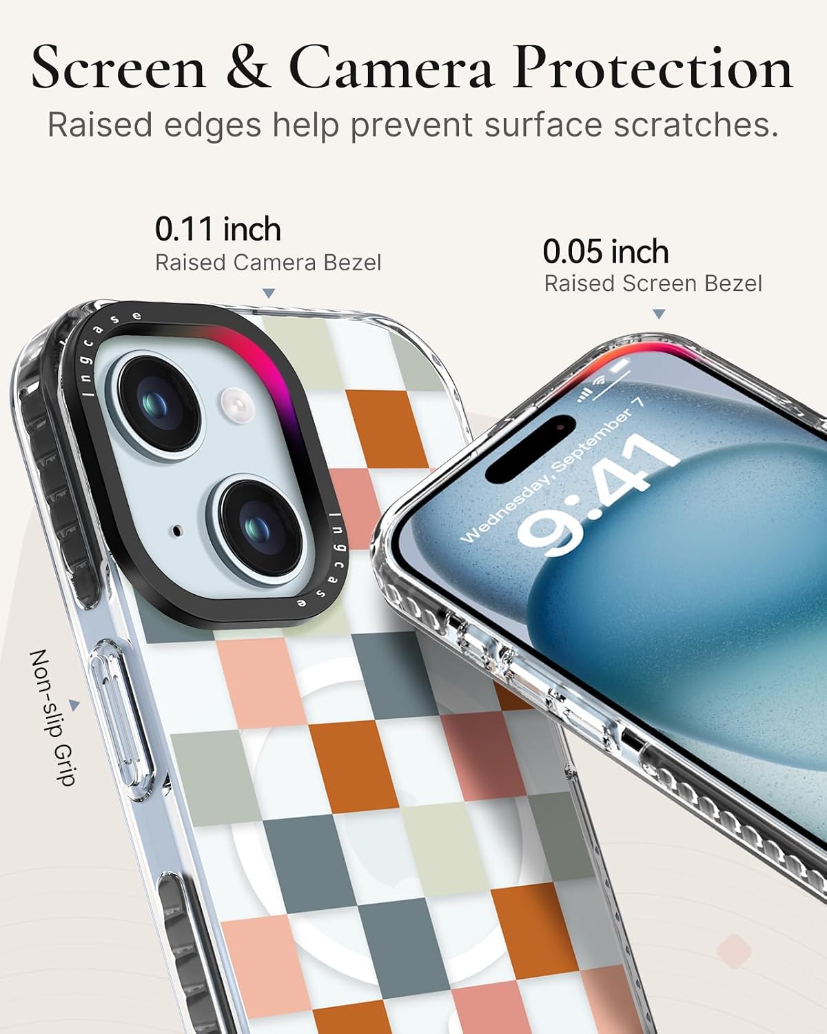 Detalle 2 de Ingcase Pastel Checkered Case for iPhone 15 Plus with Detachable Magnetic Ring Stand
