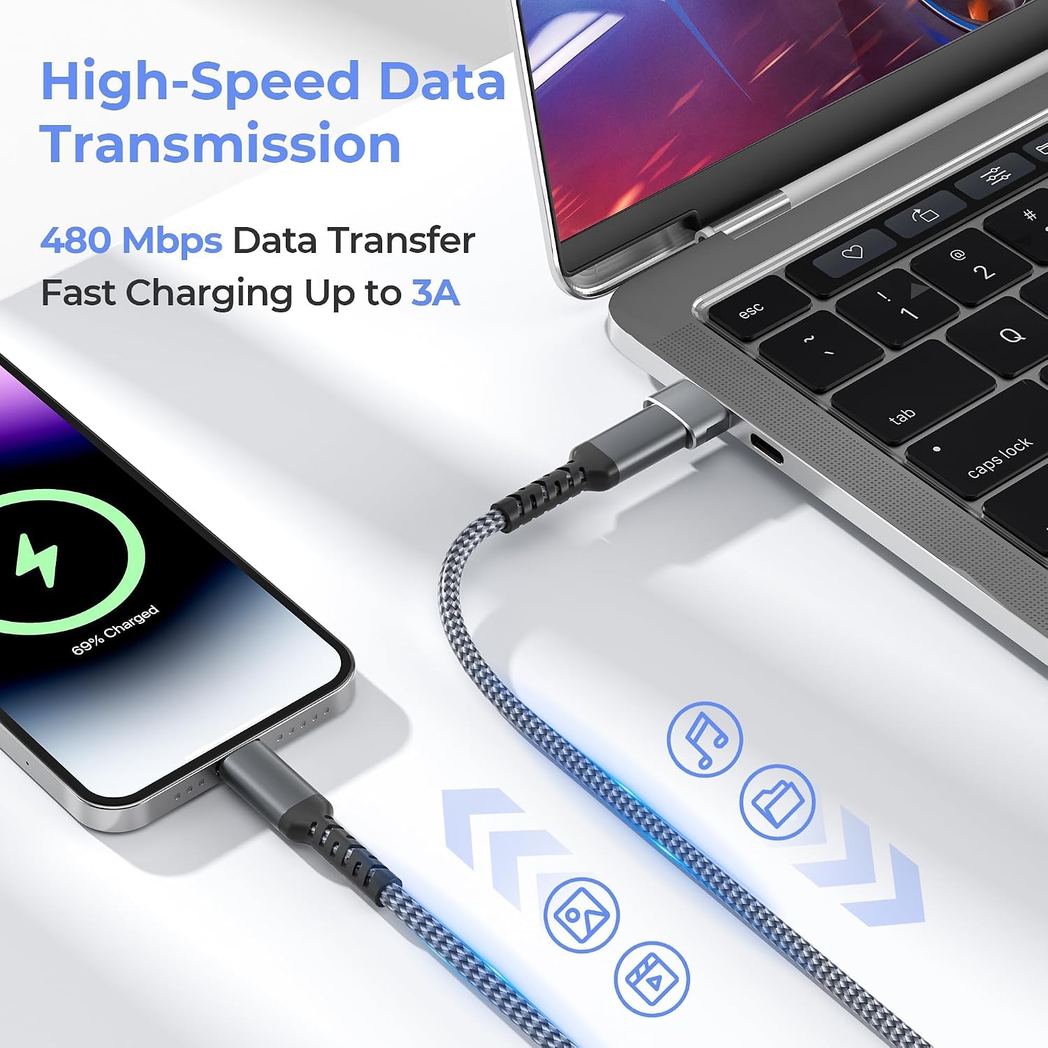 Detalle de Elebase USB-C to Lightning Car Charger Cable 1M with USB A Adapter for Apple Devices