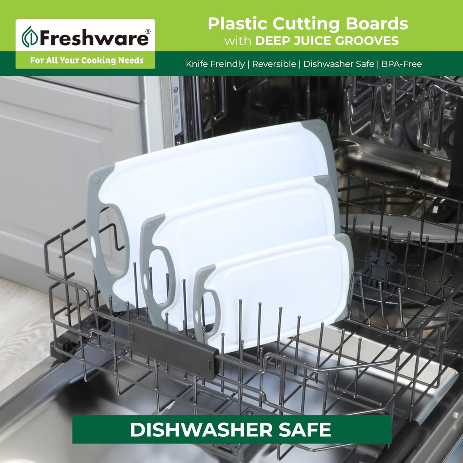 Thumbnail 5 de Freshware Kitchen Cutting Boards (3-Pack) with Juice Grooves, Non Slip Handles, Reversible & Dishwasher Safe (Gray)