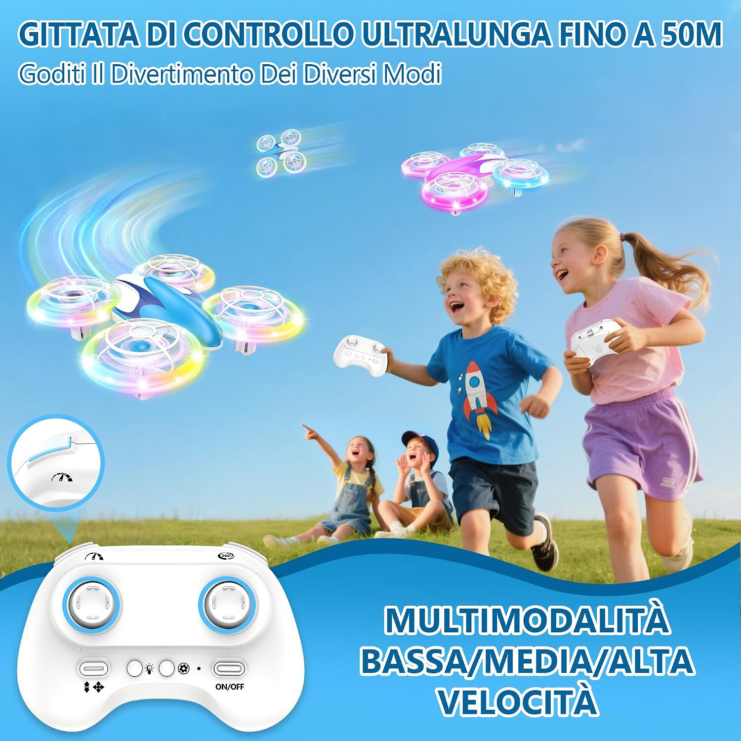 Detalle de Charmofun Mini Drone per Bambini con Luci: RC Aereo Giocattolo con Hovering, 3 Batterie e Capability 360°