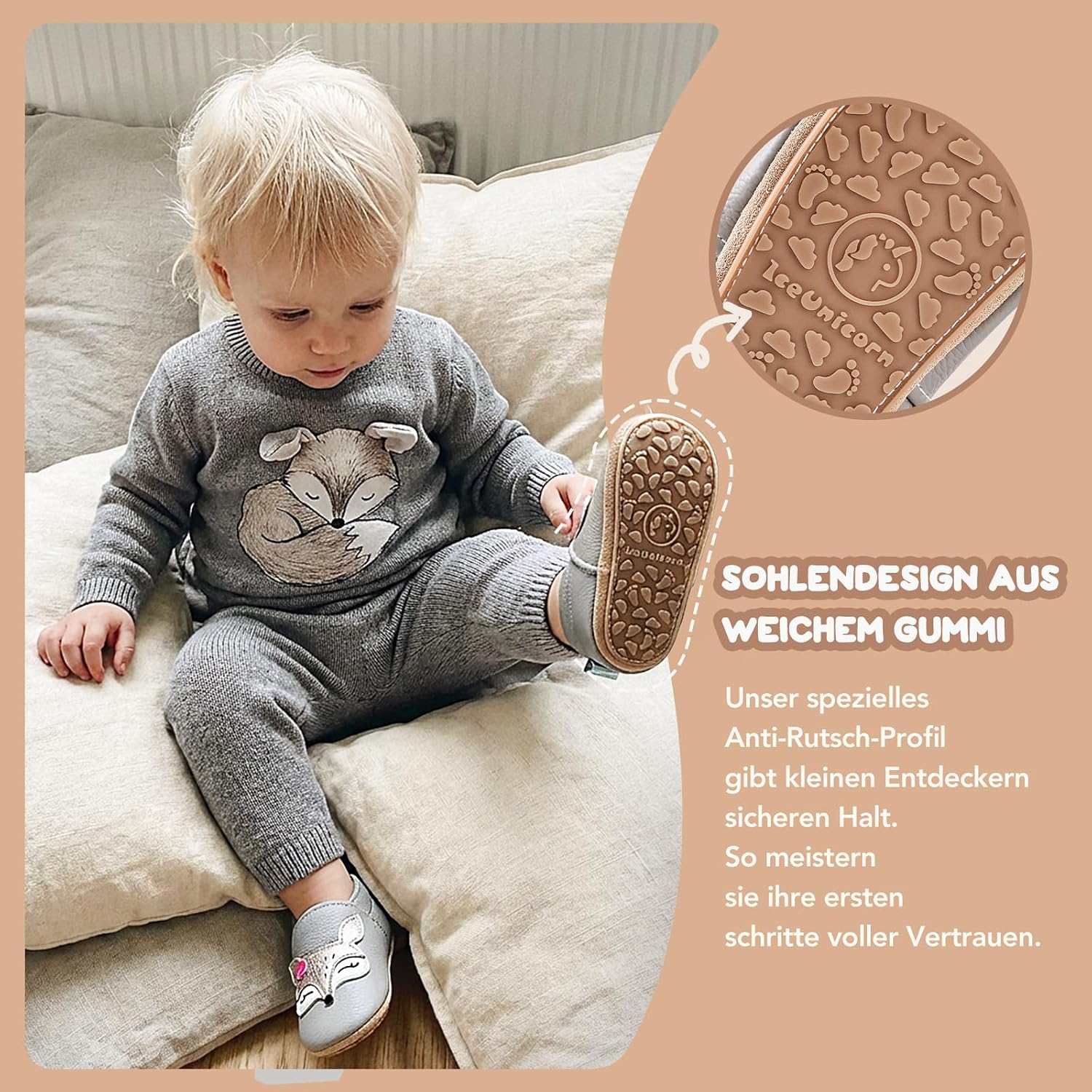 Detalle de IceUnicorn Krabbelschuhe Baby Lauflernschuhe – Weiches Leder, rutschfeste Sohle, elastische Riemen