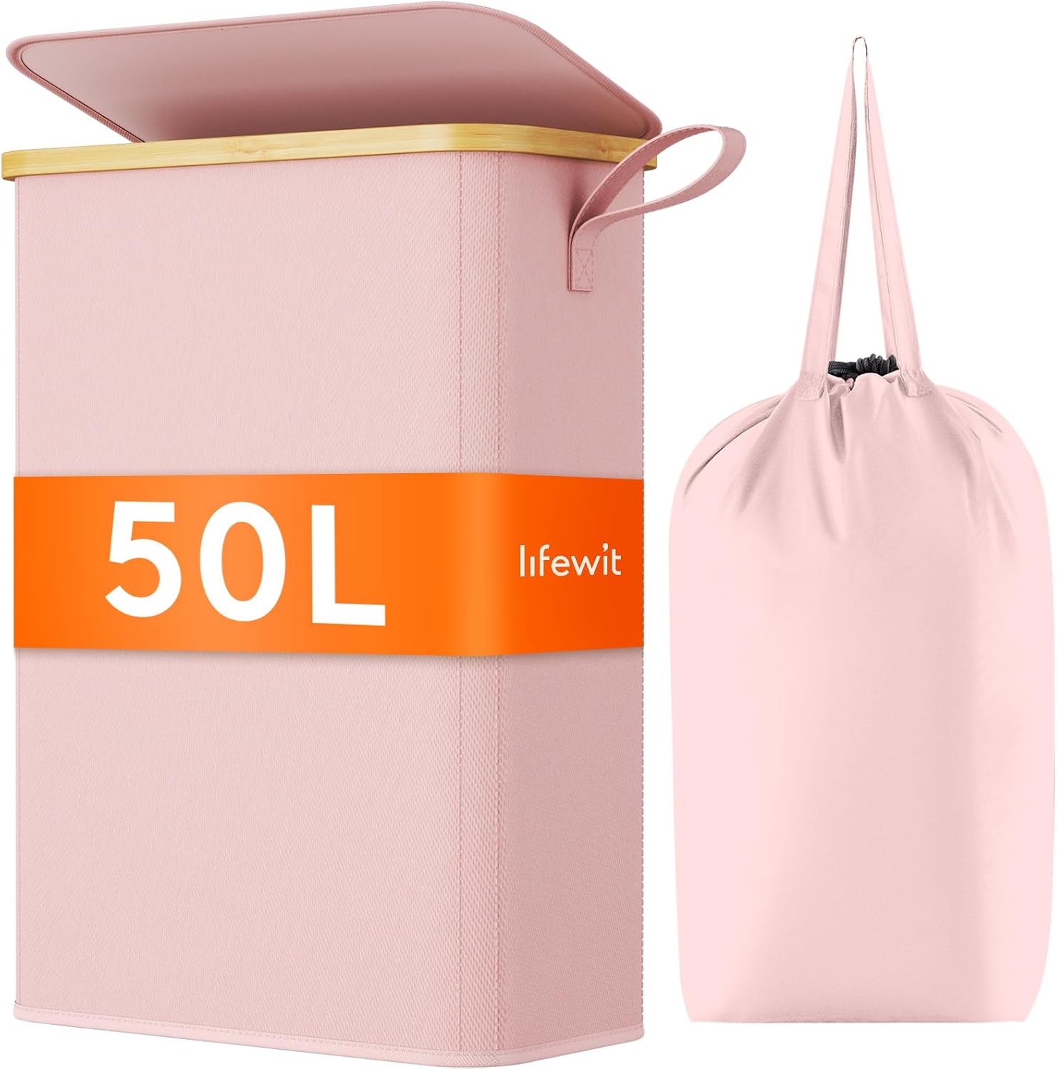 Detalle de Lifewit 23177 smalle wasmand van 50 liter met deksel, roze en opvouwbaar