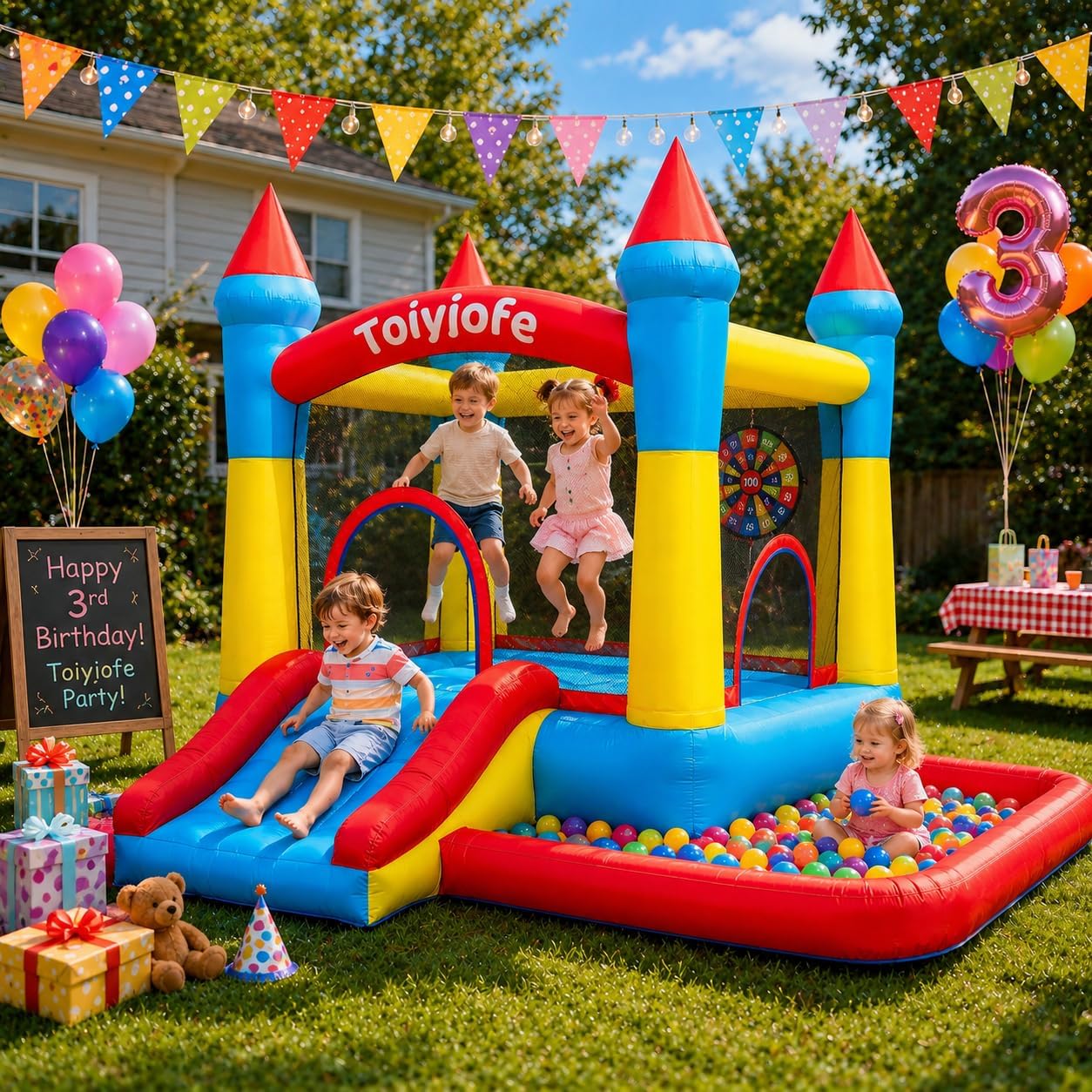 Detalle 2 de Bounce House for Kids 3-6 with Slide & Ball Pit & Hoop — 5-in-1 Indoor/Outdoor inflatable castle (Includes 370W Blower)