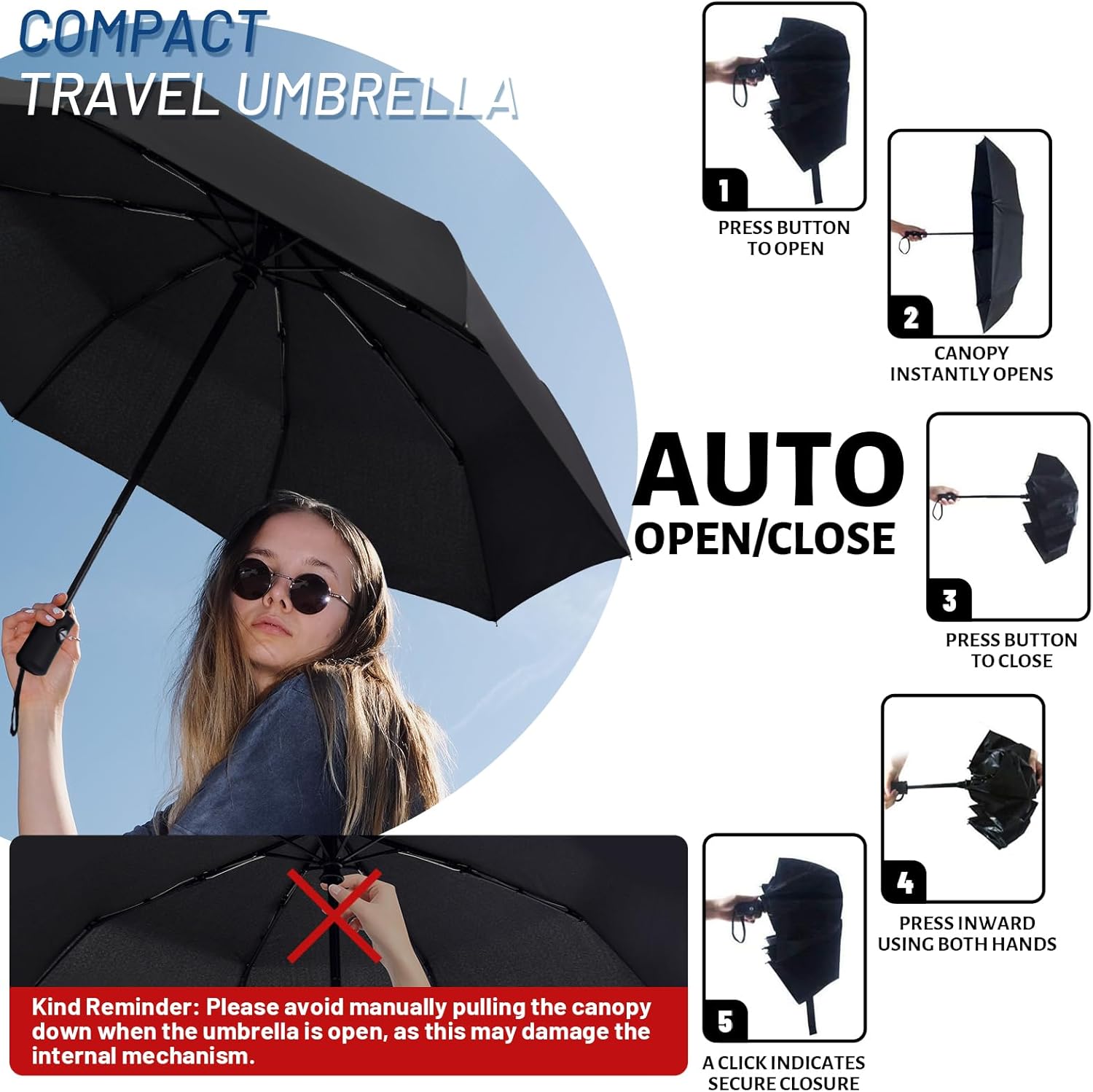 Detalle 2 de SY COMPACT Travel Umbrella — Windproof, Auto Open/Close 8-Rib Compact Umbrella