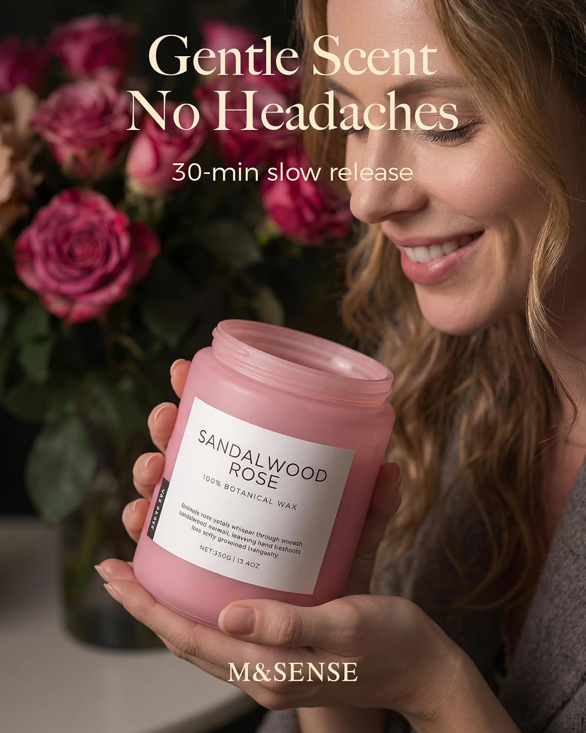 Detalle de M&SENSE Sandalwood Rose Scented Candle — 19.4oz, 110 Hours, Dual-Wick Natural Soy Wax