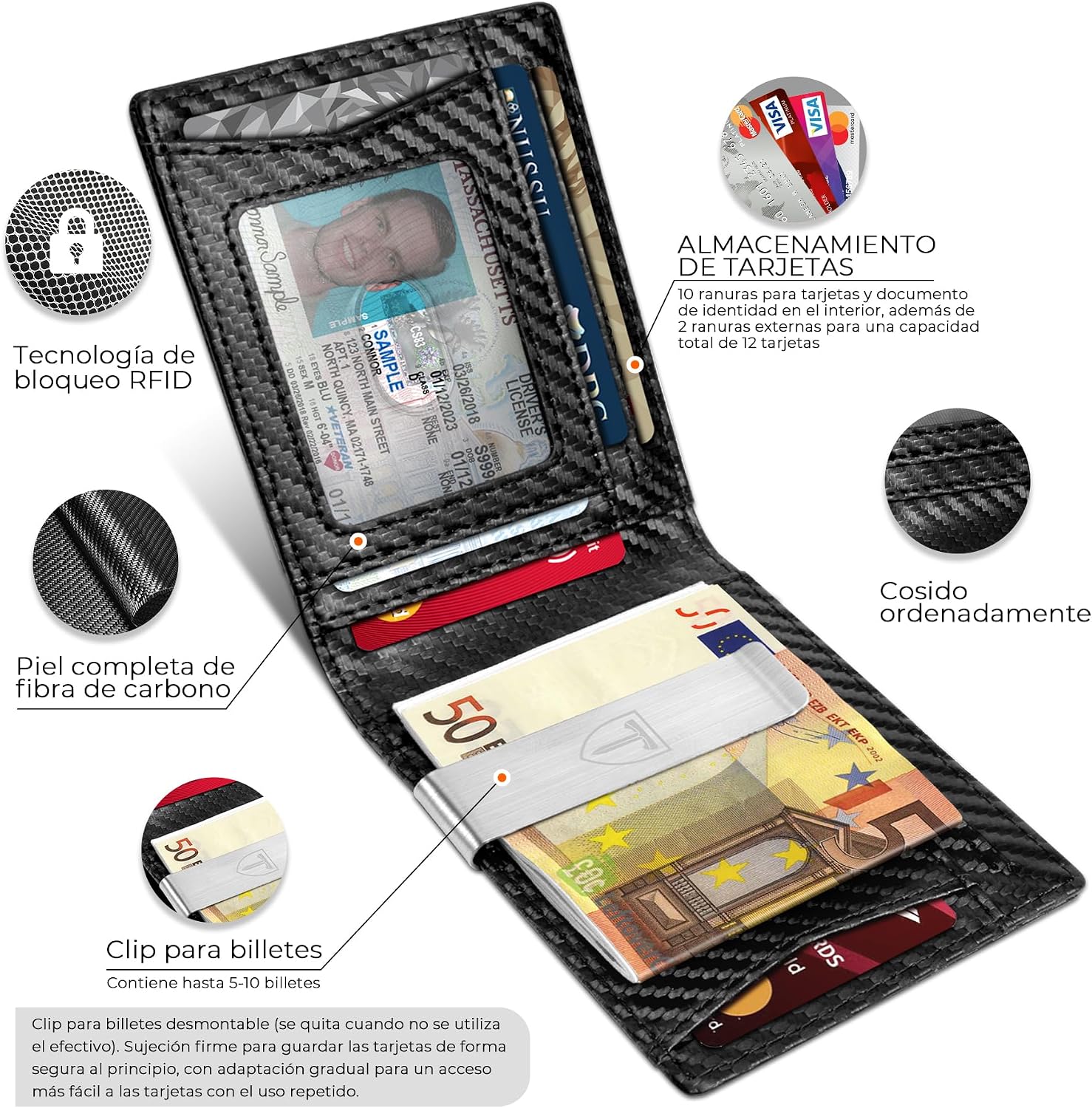 Detalle 2 de TEEHON Cartera Slim Fibra de Carbono 11 tarjetas