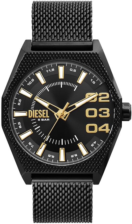 Detalle de Diesel Montre Scraper pour Homme – Quartz, 3 aiguilles + date, boîtier 43 mm, bracelet acier noir ou cuir
