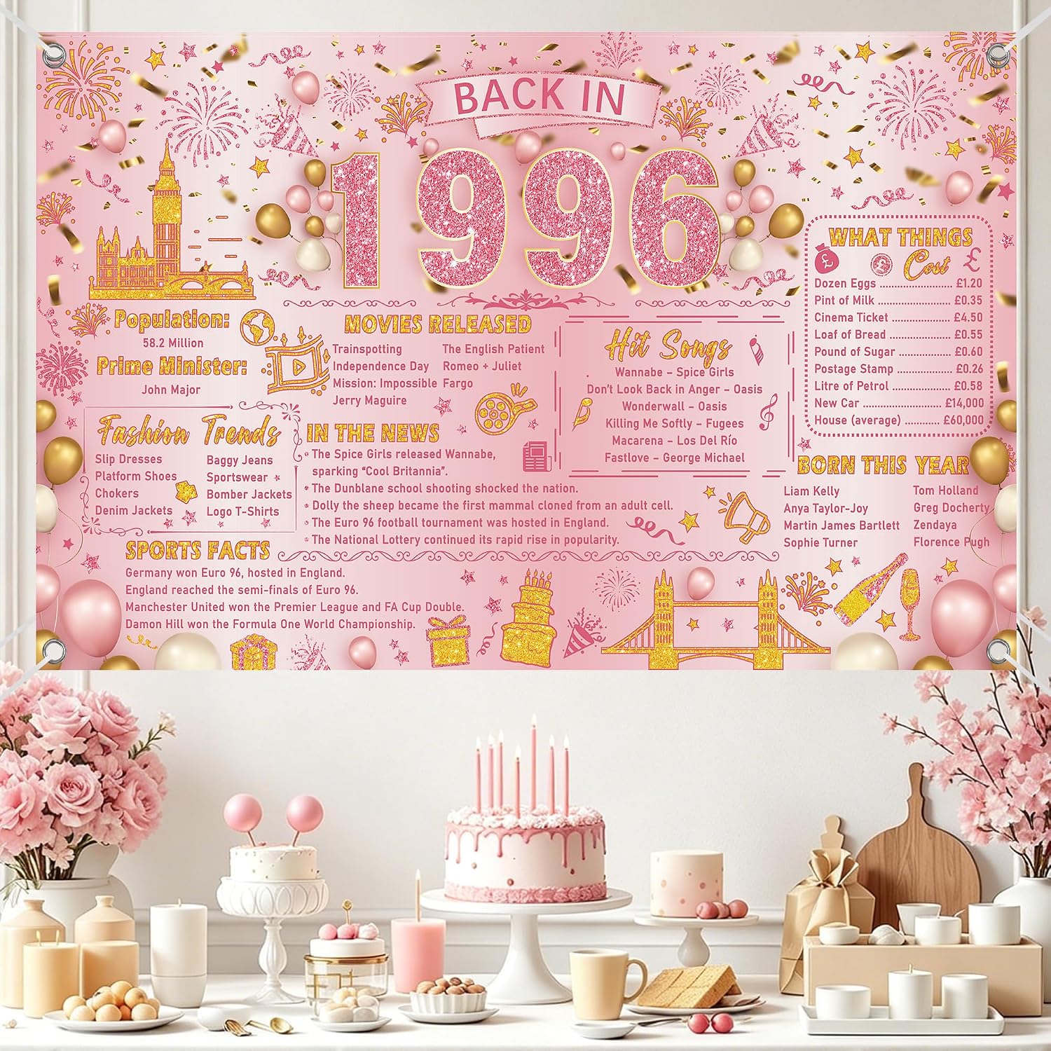 Thumbnail 3 de 30th Birthday Decorations for Women: Pink Gold Retro 1996 Backdrop Banner