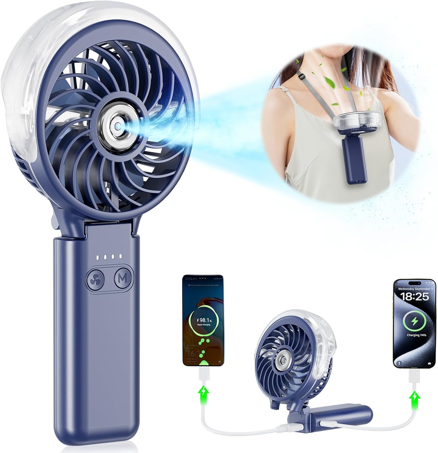 Detalle de HandFan 5200mAh Upgraded Handheld Misting Fan with Independent Fan & Mist Controls (Royal Blue)