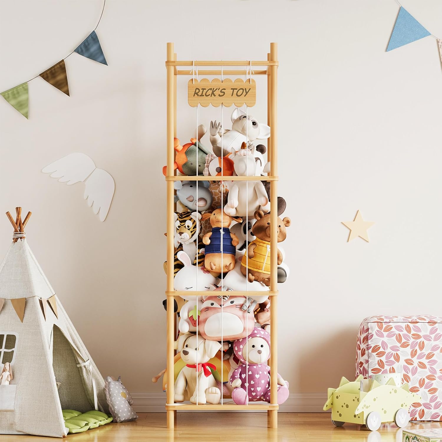 Detalle 2 de SpaceAid Stuffed Animal Storage Organizer (Wood Animals Zoo Toy Plushies), Large Capacity Cage for Playroom Organization