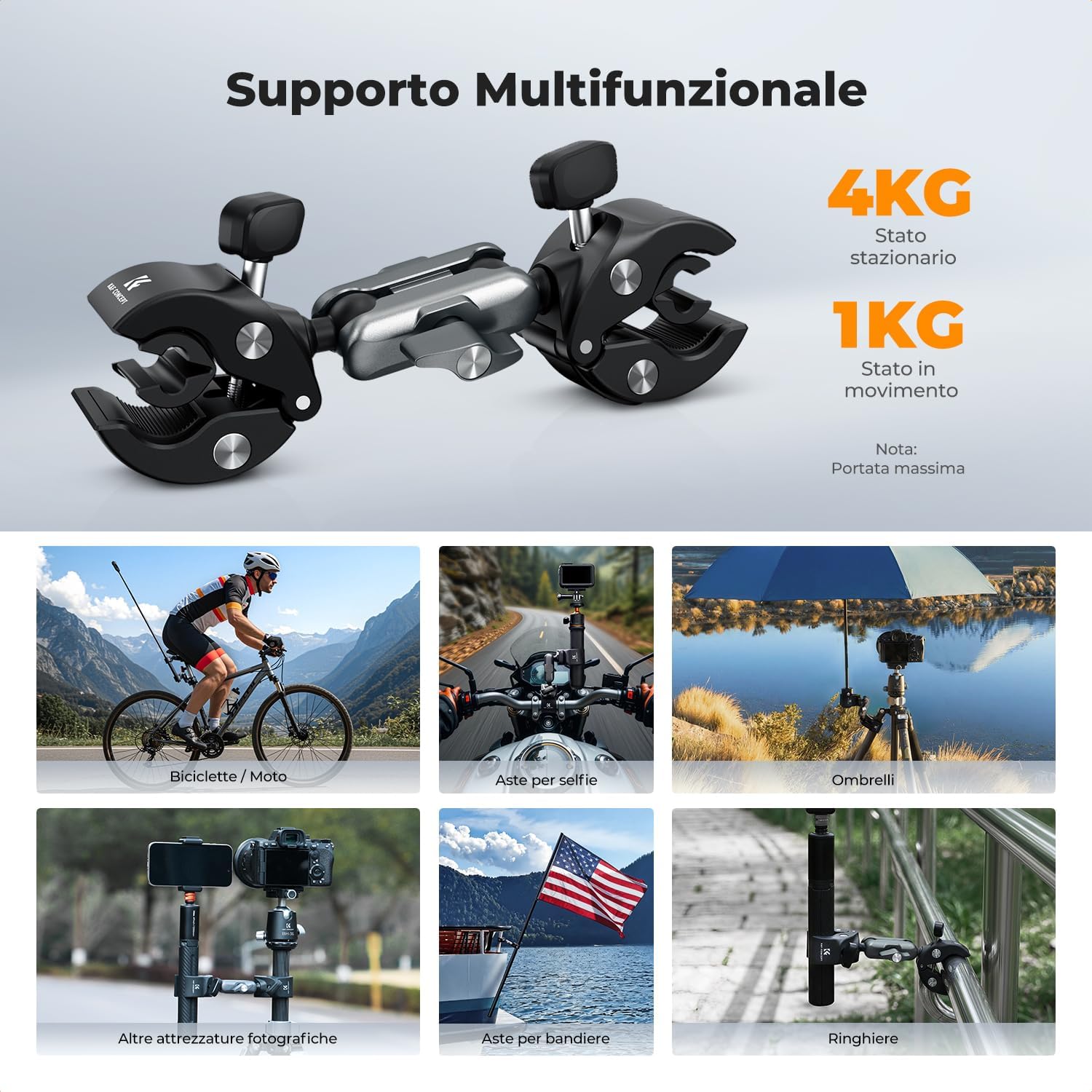 Detalle de K&F CONCEPT doppio attacco a pinza con testa sfera 360° per action cam: supporto universale per manubri e pali
