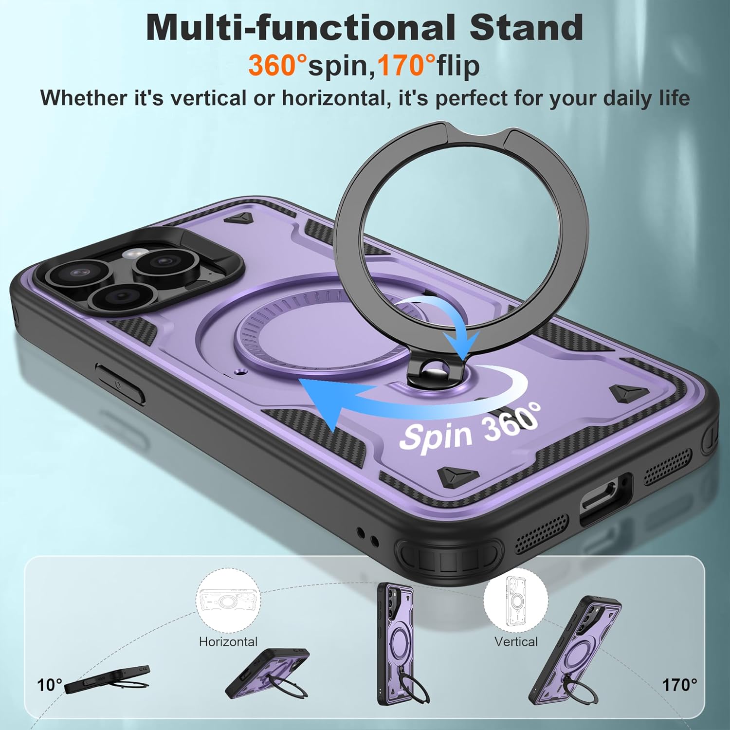Thumbnail 4 de Jshru 3 in 1 Magnetic iPhone 15 Pro Max Case (Purple) with Built-in Stand and 2-Pack HD Screen Protectors