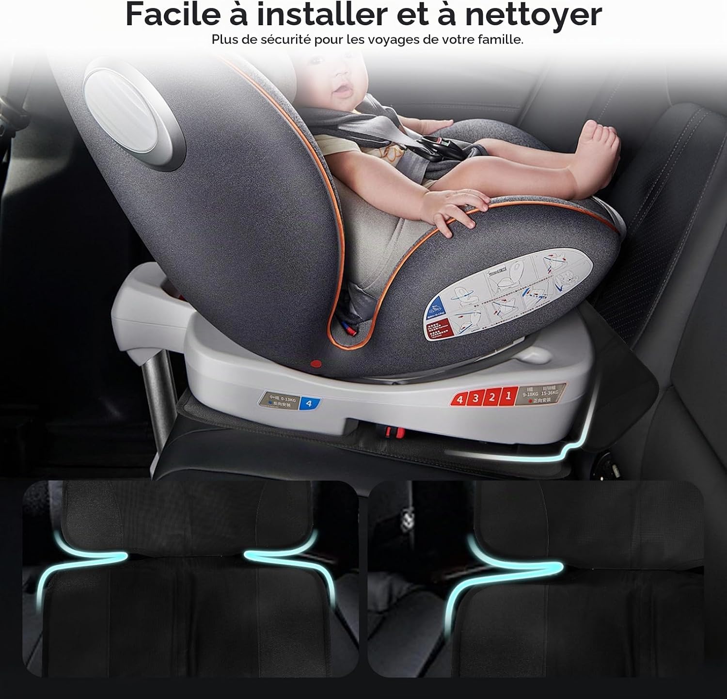 Detalle de EclipseGuard autostoelbeschermer van 600D Oxford, grijs, met ISOFIX-openingen