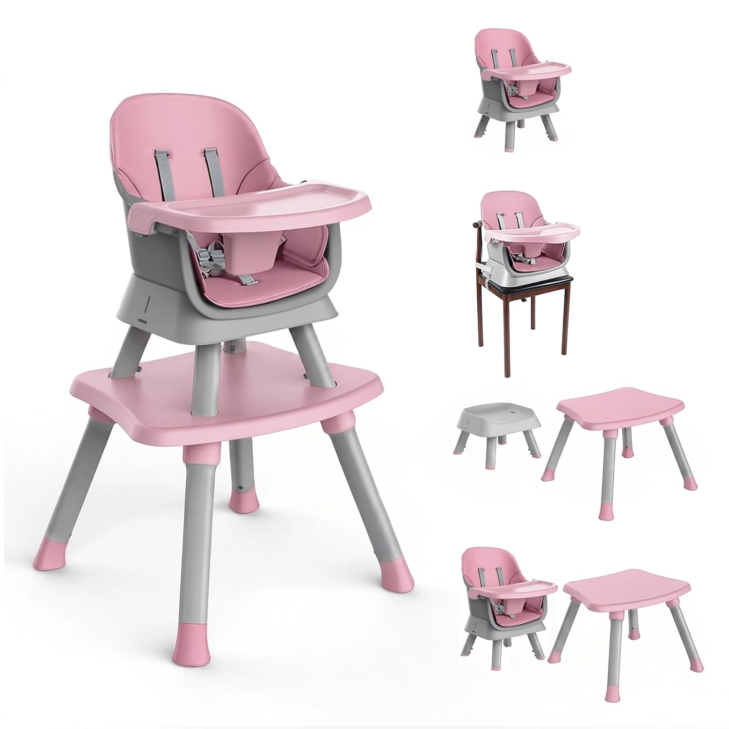 MiniKins 7-in-1 Convertible High Chair, Pink, Removable Tray