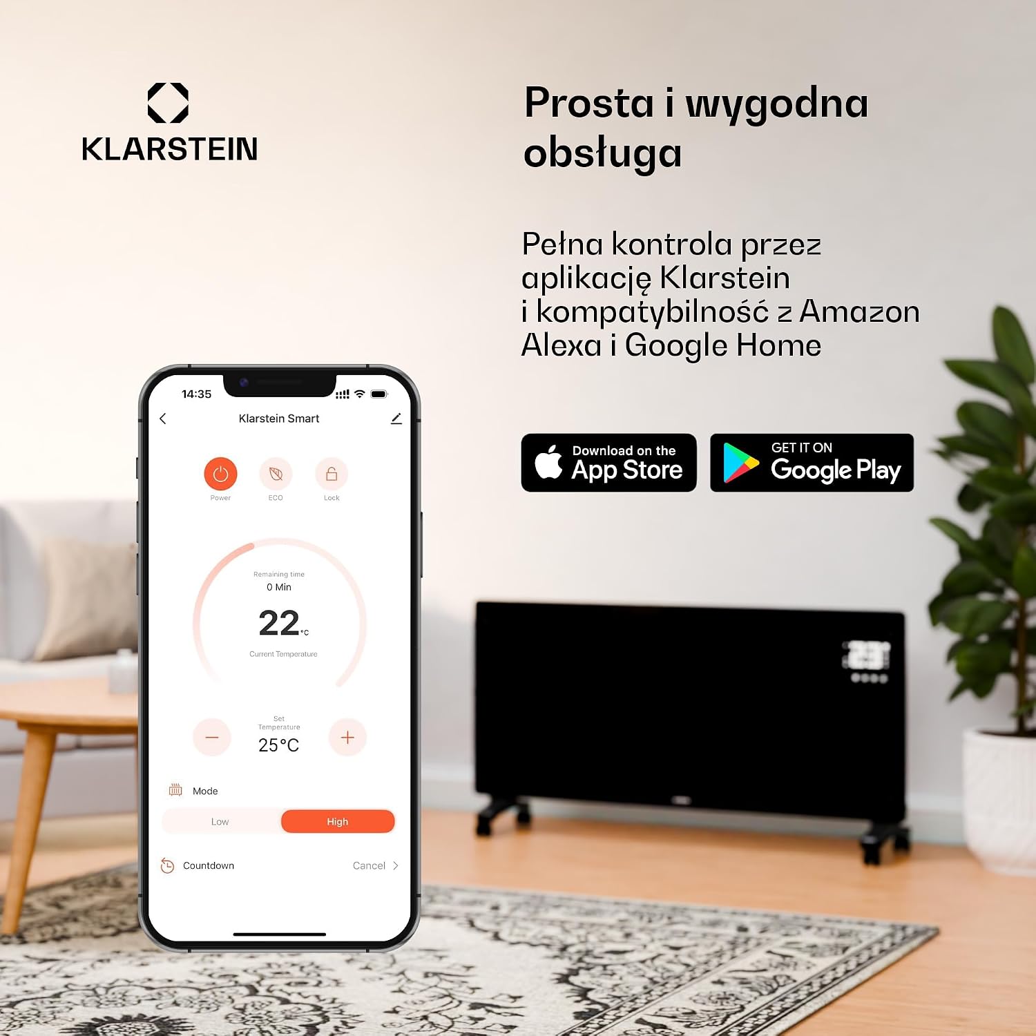 Detalle de Klarstein konwektor elektryczny 1500 W, sterowanie aplikacją i montaż na ścianie