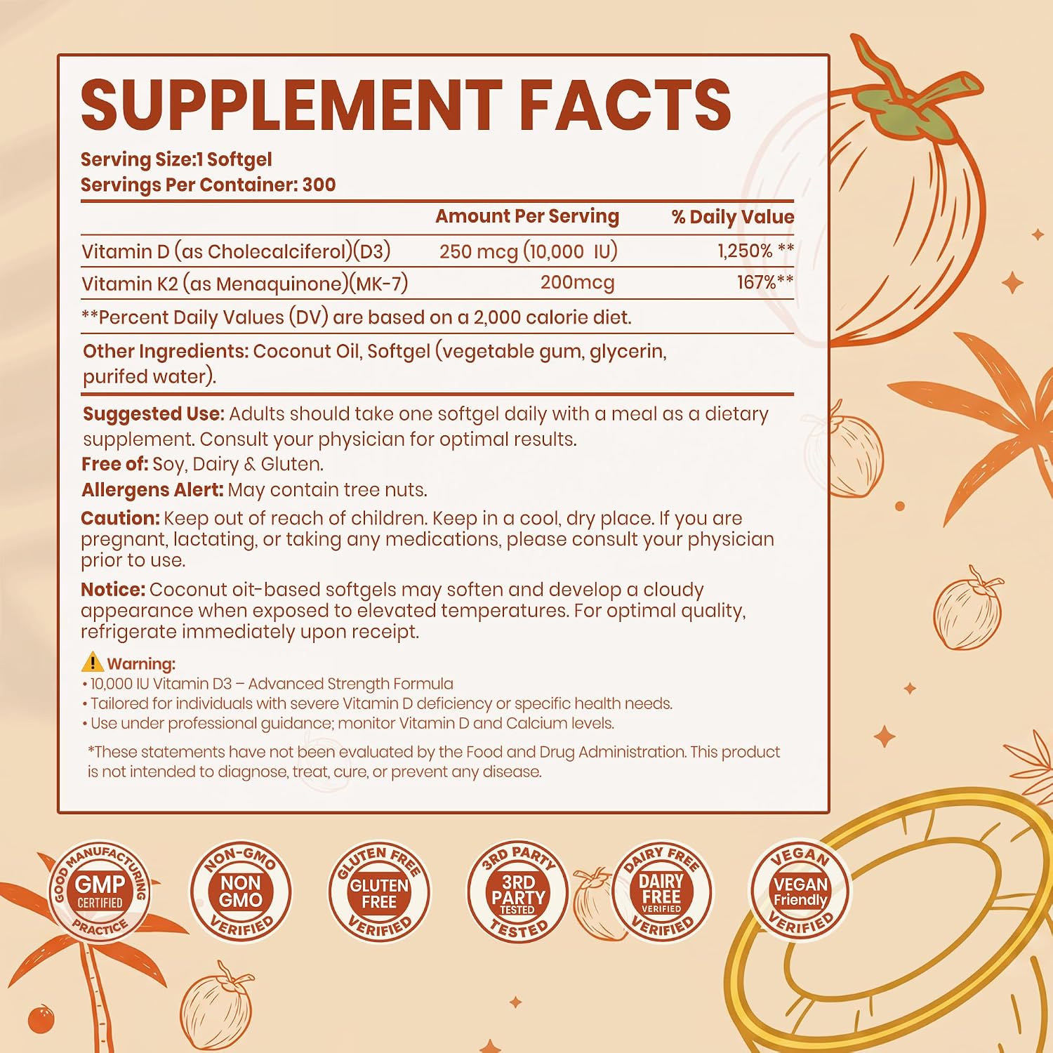 Detalle 2 de VEV UG-D3K2-001 Vitamin D3 + K2 Softgels, 10,000 IU D3, MK-7