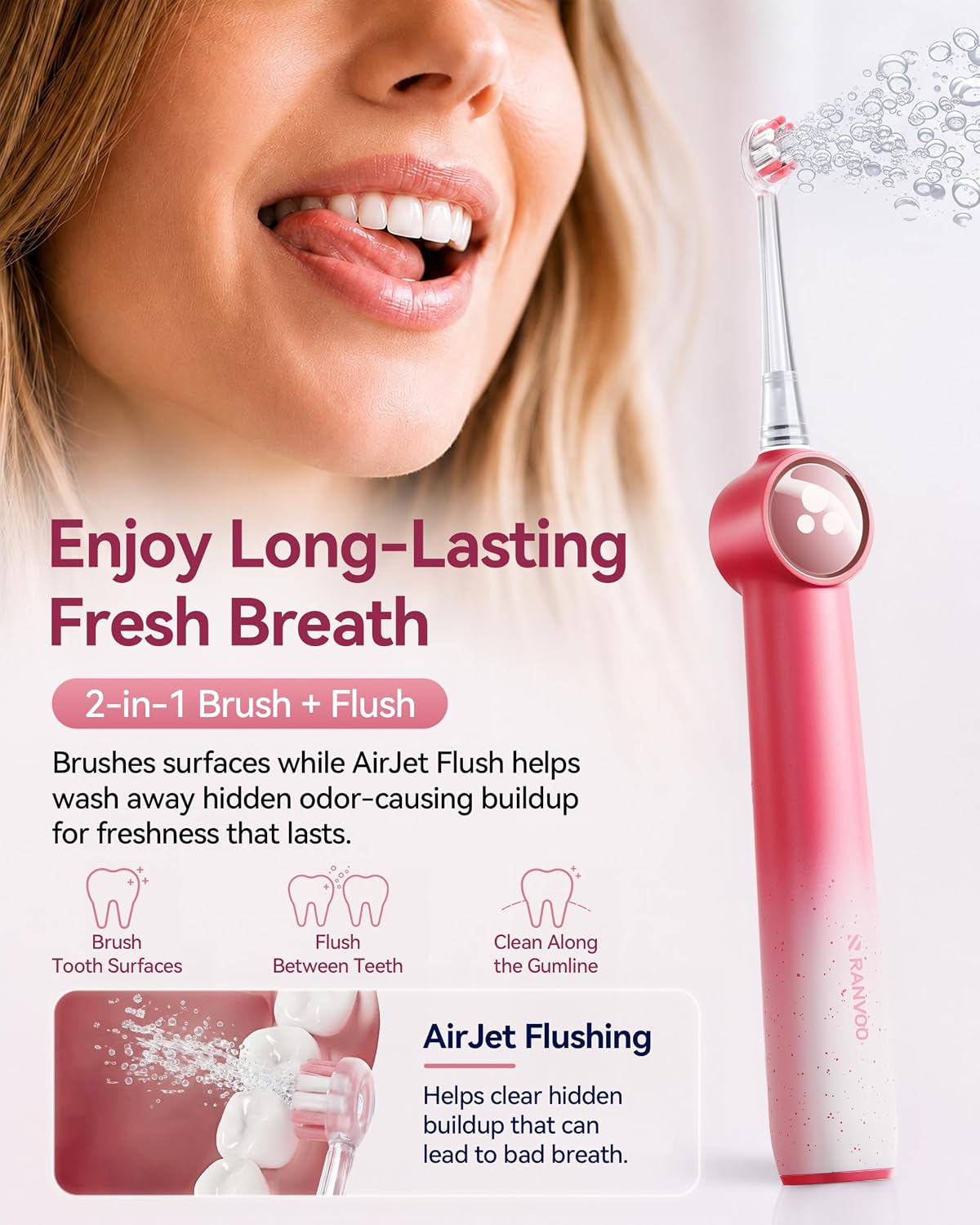 Detalle de RANVOO AirJet X5 Electric Toothbrush — 2026 Special Edition in Cyclamen Pink