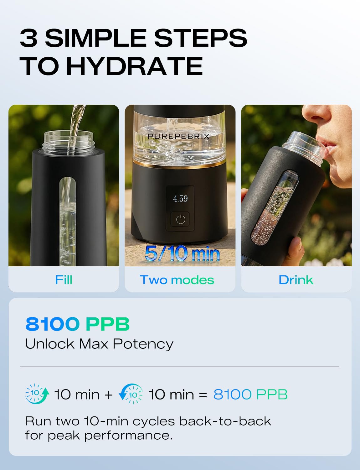 Detalle de PUREPEBRIX Hydrogen Water Bottle Generator (Up to 8100 PPB) — Portable Molecular Hydrogen Bottle, Black