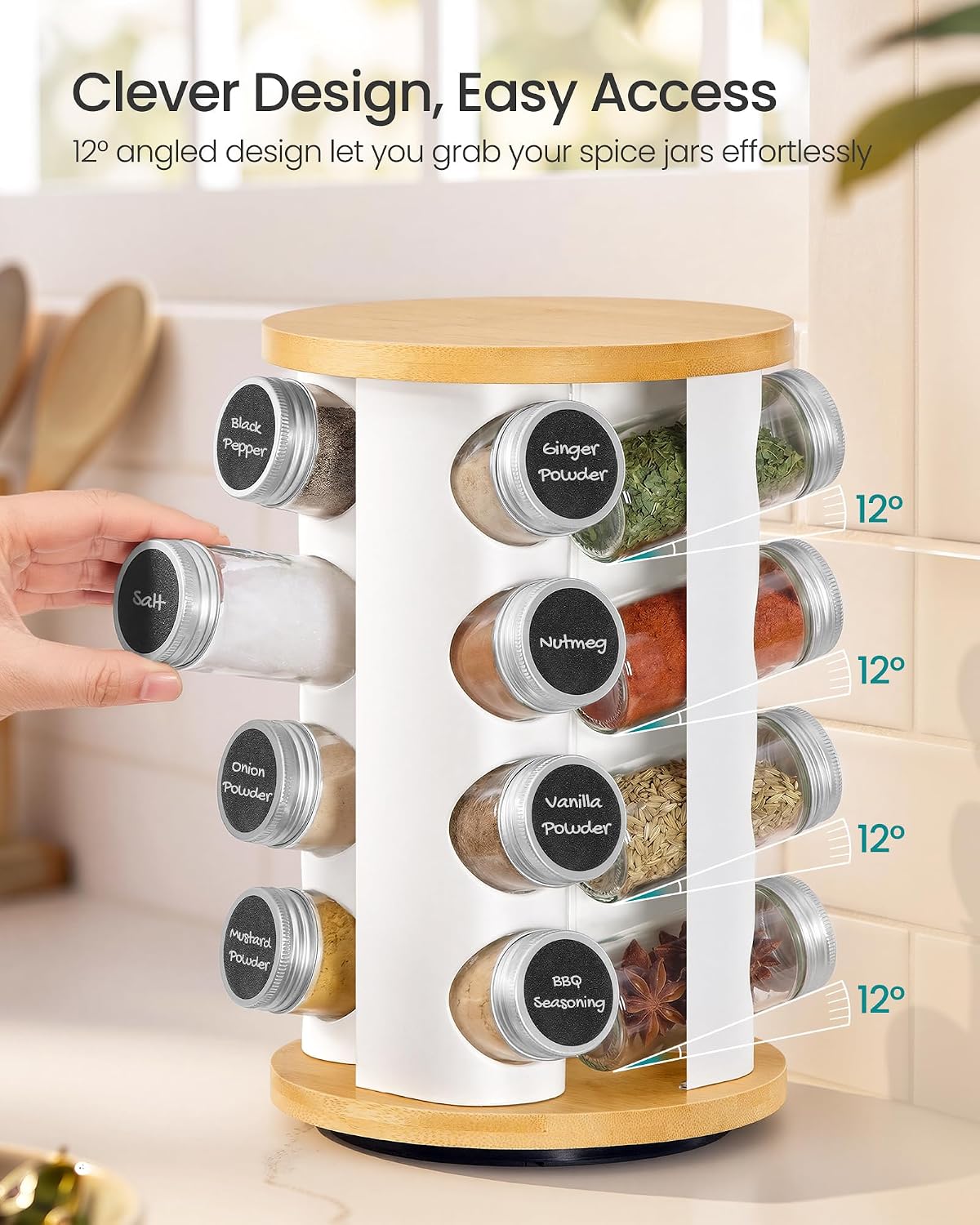 Detalle 1 de SONGMICS KCS256W101 Rotating Spice Rack, 16 Glass Jars, Bamboo and Matte White