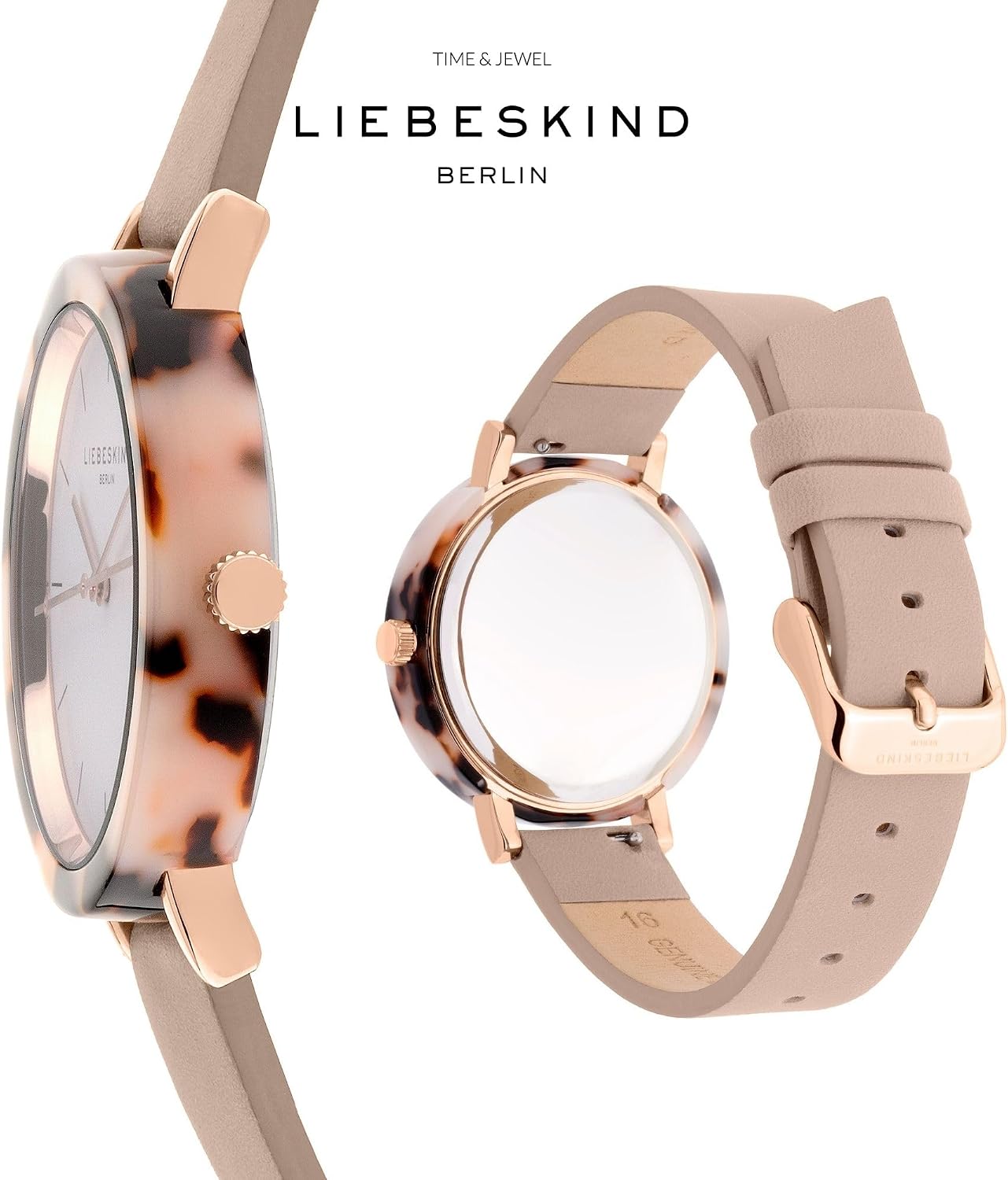 Detalle de LIEBESKIND BERLIN Damen Armbanduhr – Rundes Gehäuse mit gemustertem Acetat-Topring, Lederarmband, Roségold