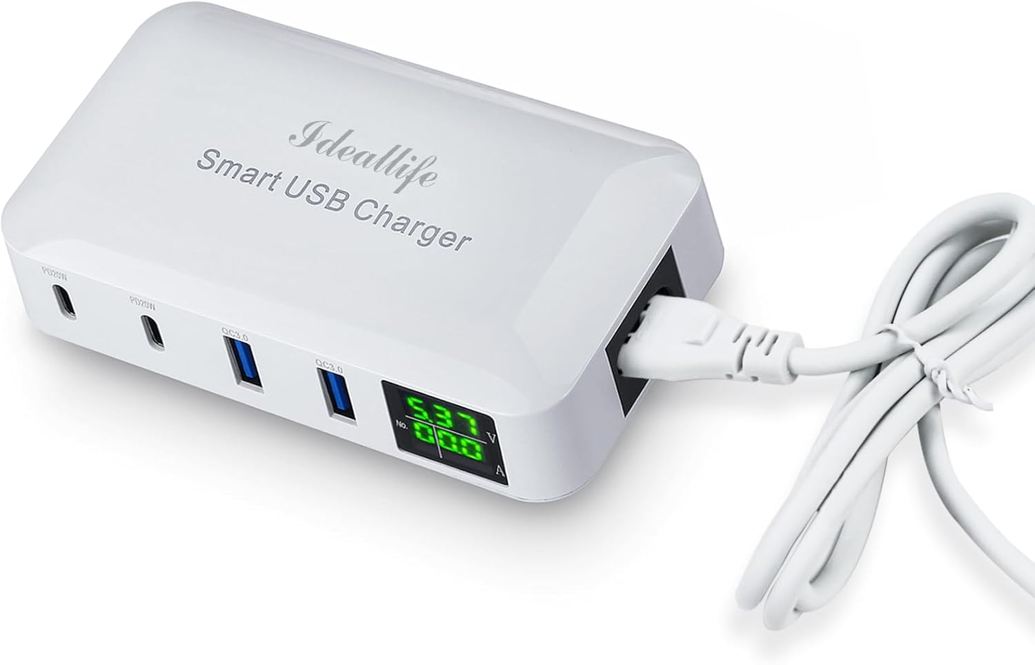 Detalle de Ideallife Stazione di Ricarica USB a 4 Porte da 70W con Display LCD e PD20W/QC3.0