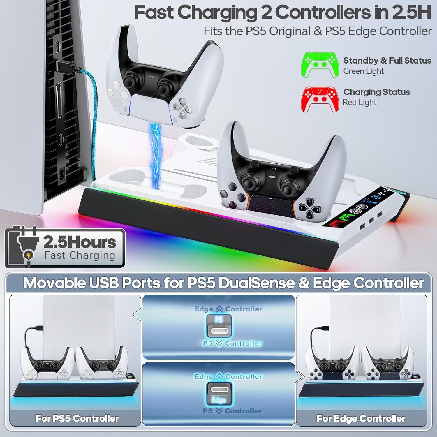 Thumbnail 3 de Tokluck PA5 Slim Pro Cooling Station for PS5: Auto Turbofan Cooling, 3-Speed Modes, Controller Charging Dock (White & Black)
