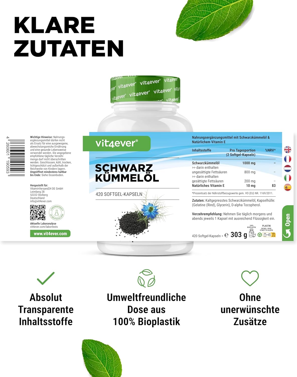 Detalle de vit4ever Schwarzkümmelöl – 420 Kapseln (Ägyptisch, naturbelassen & kaltgepresst)