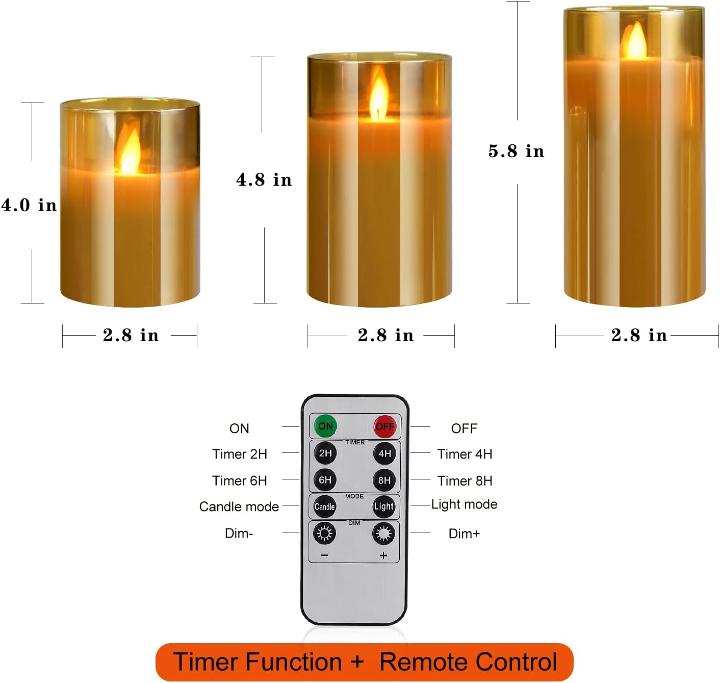 Thumbnail 2 de YMing battery-operated flameless LED candles set (gold glass pillar) with remote timer – realistic flicker wick flame mode