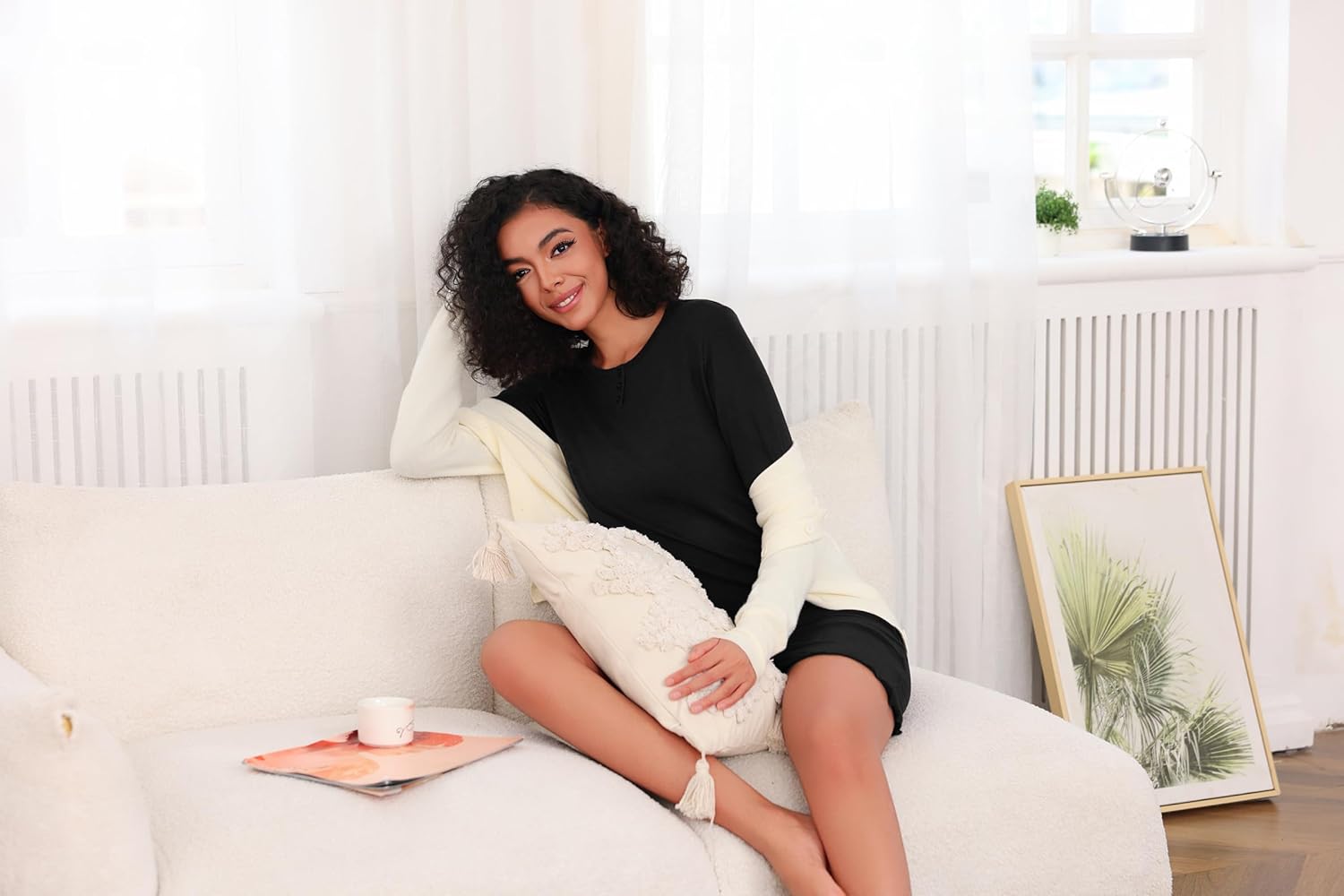 Thumbnail 4 de Demegimi Chemise de Nuit Femme en Coton à Manches Longues — Nuisette Élégante avec Col en V et Finition Délicate