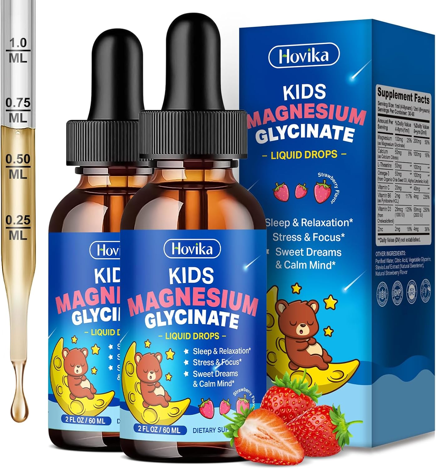 Detalle de Hovika Kids Magnesium Liquid Drops, 2-Pack with Glycinate, L-Theanine and Strawberry Flavor