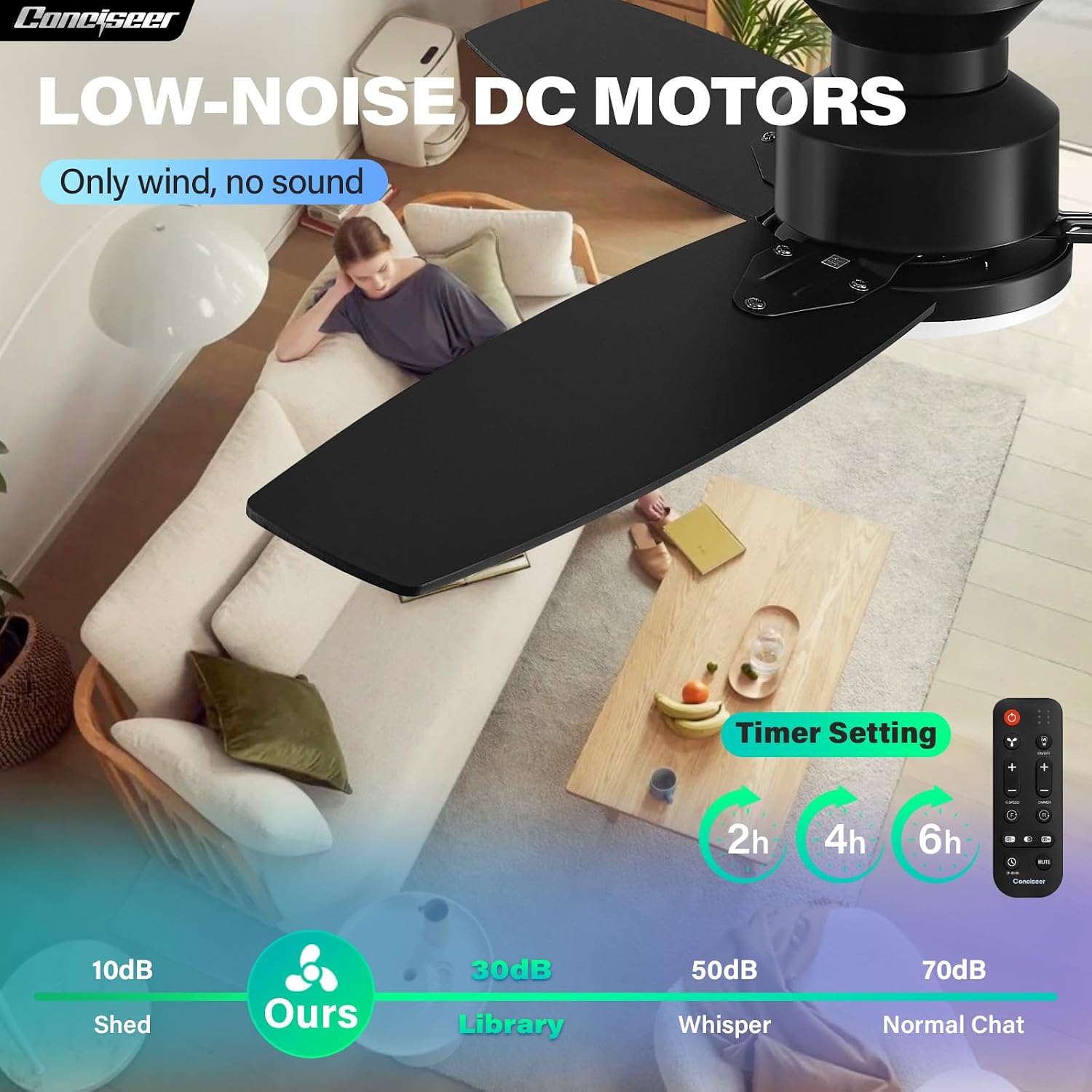 Detalle de Conciseer CS4203-MBK-WD 42-Inch Ceiling Fan with Light, Remote & Reversible DC Motor