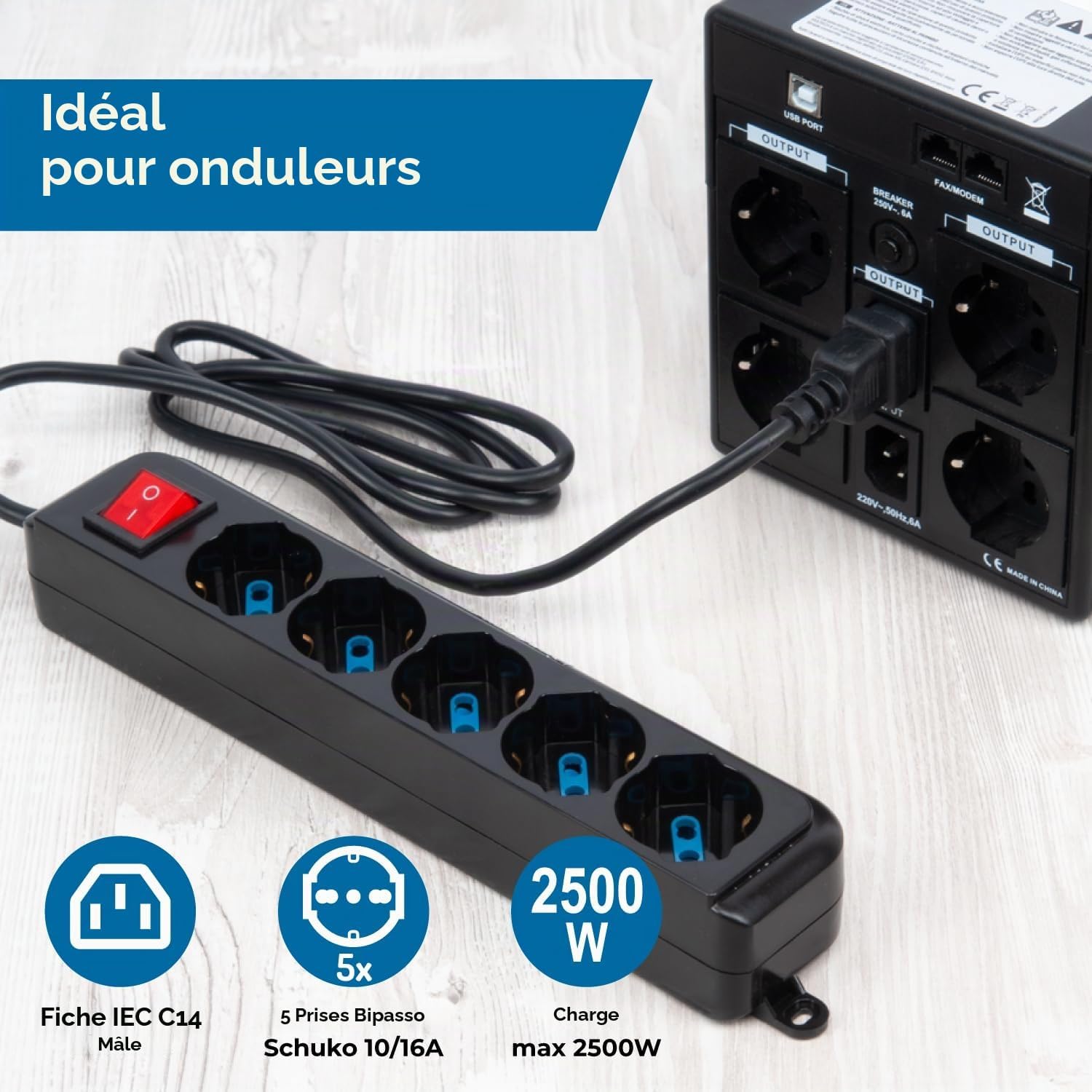 Detalle de Vultech MU-UPS01 Multiprise avec 5 prises et interrupteur on/off, connecteur IEC14