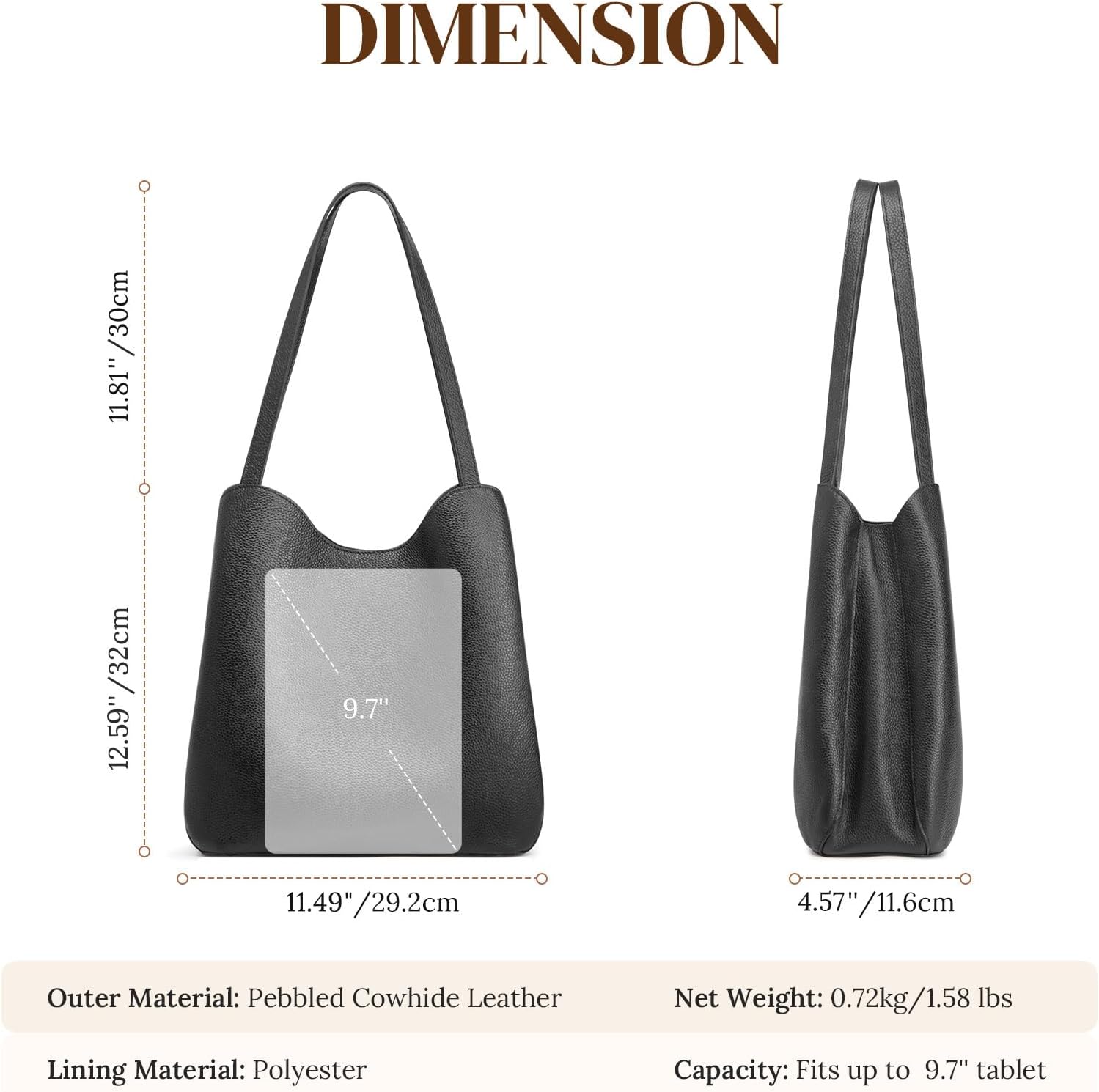 Detalle de S-ZONE Soft Genuine Leather Tote Bag for Women with Zipper & Rivets