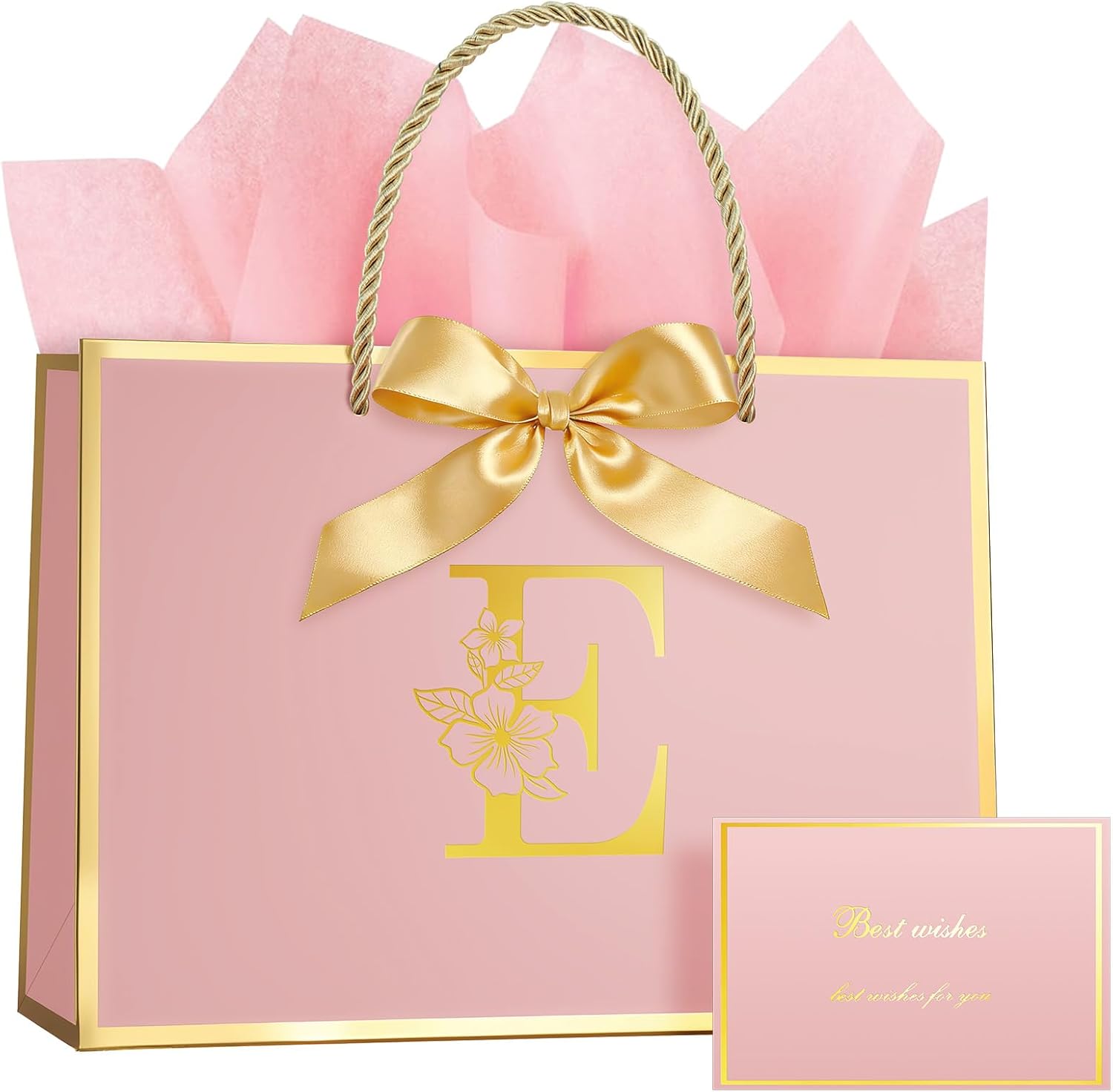 Detalle de Vicloon presentpåse med rosett, rosa och guld, bokstav E, 28 × 20 × 10 cm