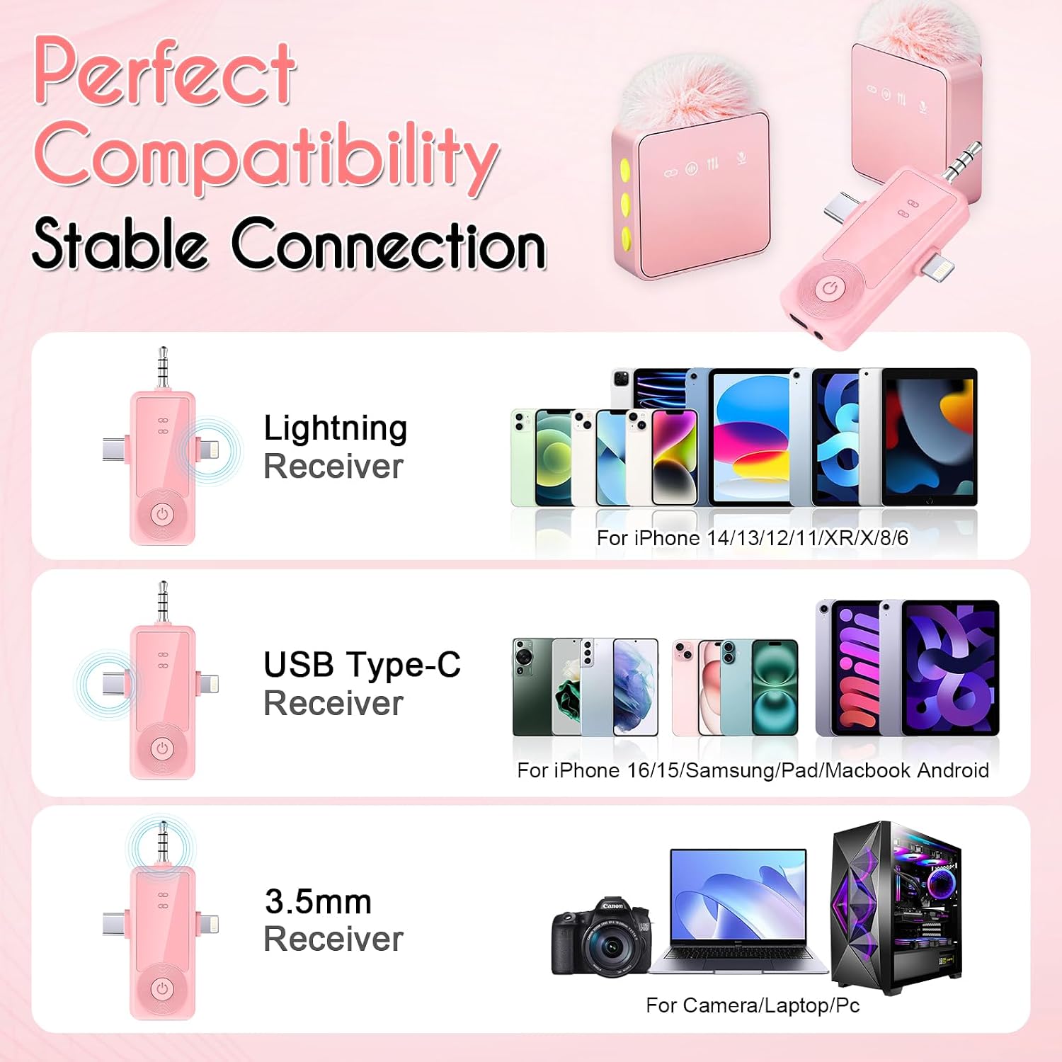 Thumbnail 3 de Therivo WLM-00 Wireless Lavalier Microphone, 3-in-1 Receiver, Pink 2-Pack