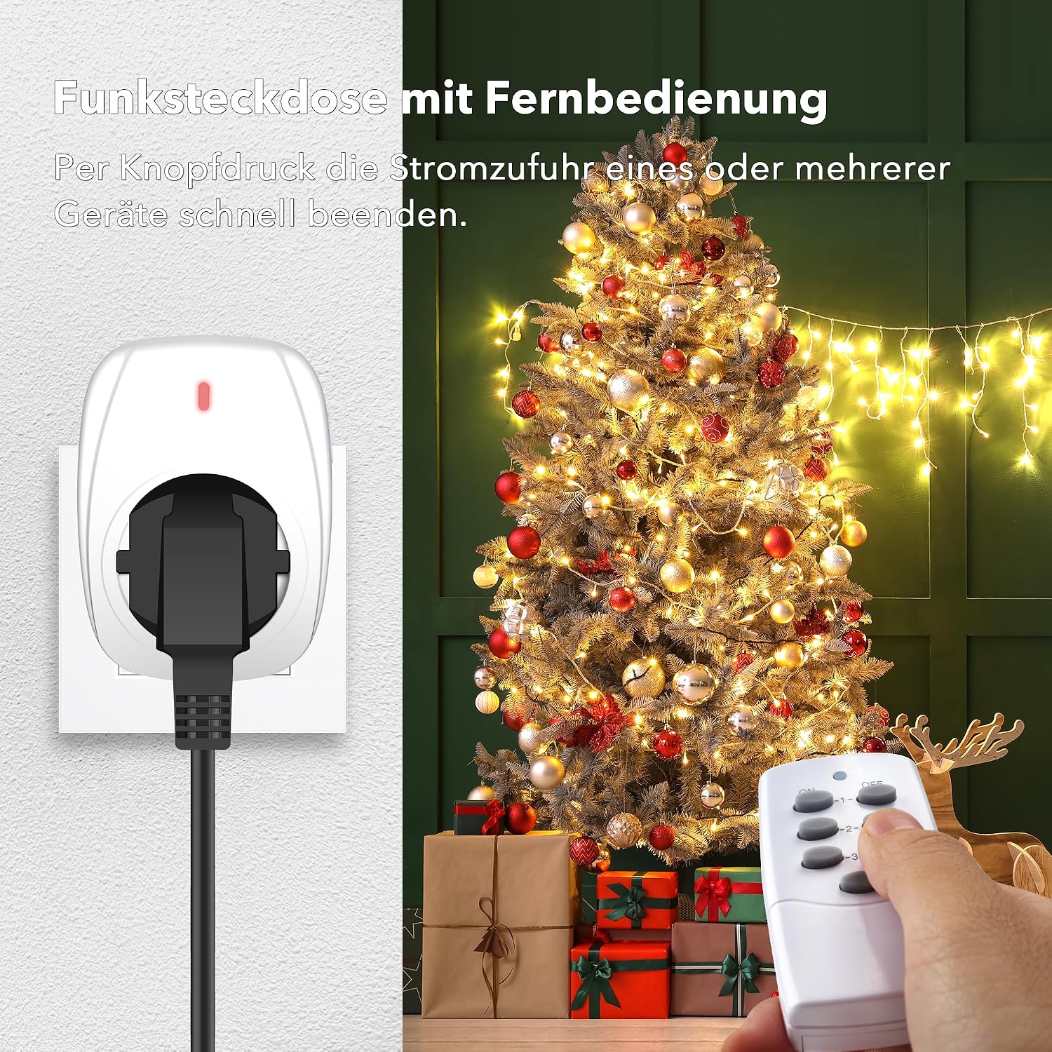 Detalle de HBN 2× Funksteckdosen-Set mit Fernbedienung (16 A/3.680 W, Reichweite bis 30 m) – 1 Handsender, weiß