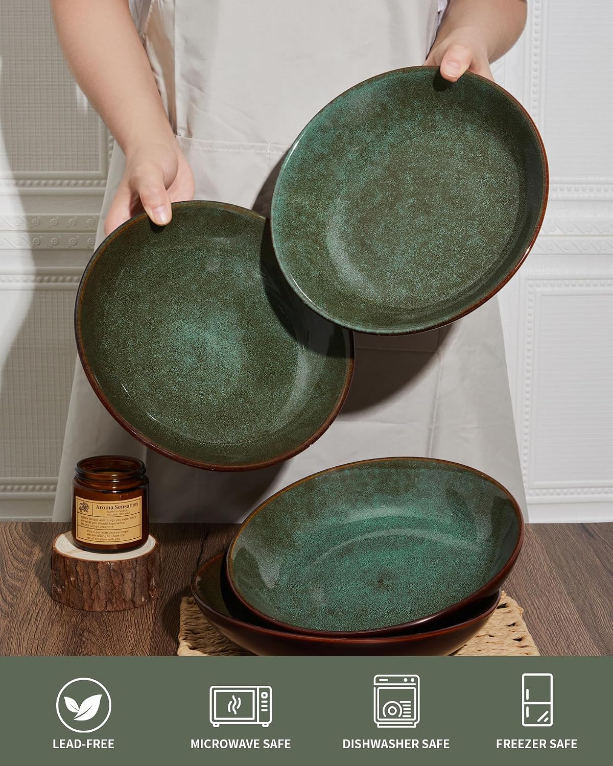 Detalle de Pokini 8.75-Inch Large Ceramic Pasta Bowls (Set of 4) with Reactive Glaze, Brown & Green