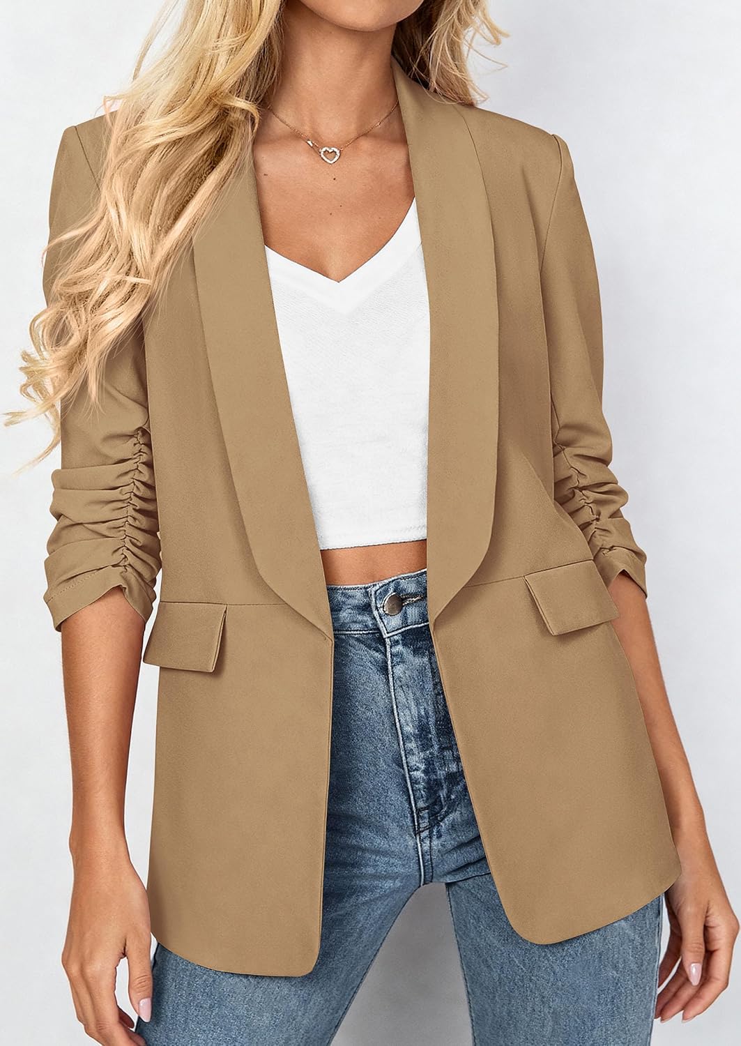 Detalle 2 de PRETTYGARDEN Women's Lightweight Blazer with Ruched 3/4 Sleeves