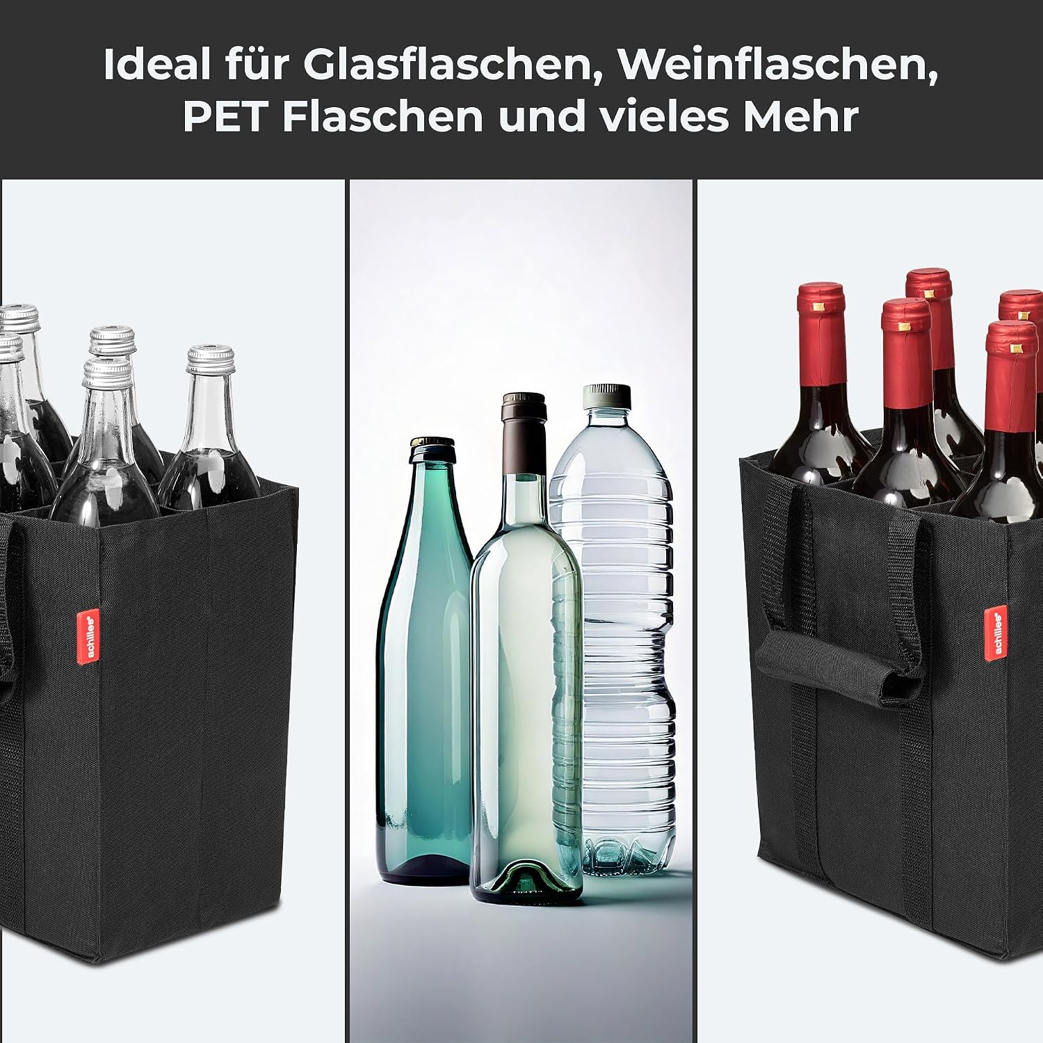 Detalle 2 de achilles Flaschentasche mit 6 Fächern (je 1,5 Liter) – faltbarer Flaschenträger mit Trennwänden, Reißfest, Schwarz