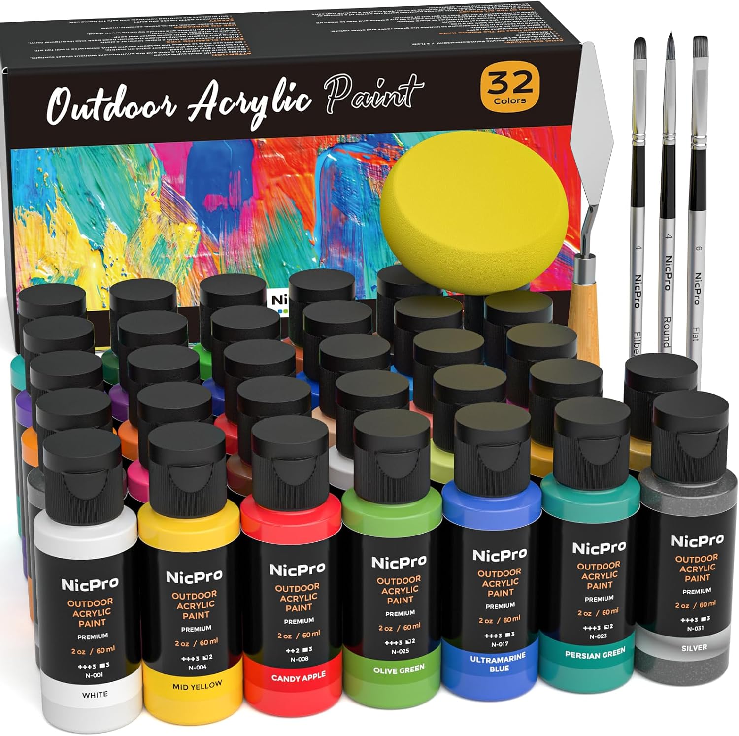Detalle de Nicpro 32-Colour Outdoor Acrylic Paint Set (Bulk) with Brushes, Sponge & Art Knife