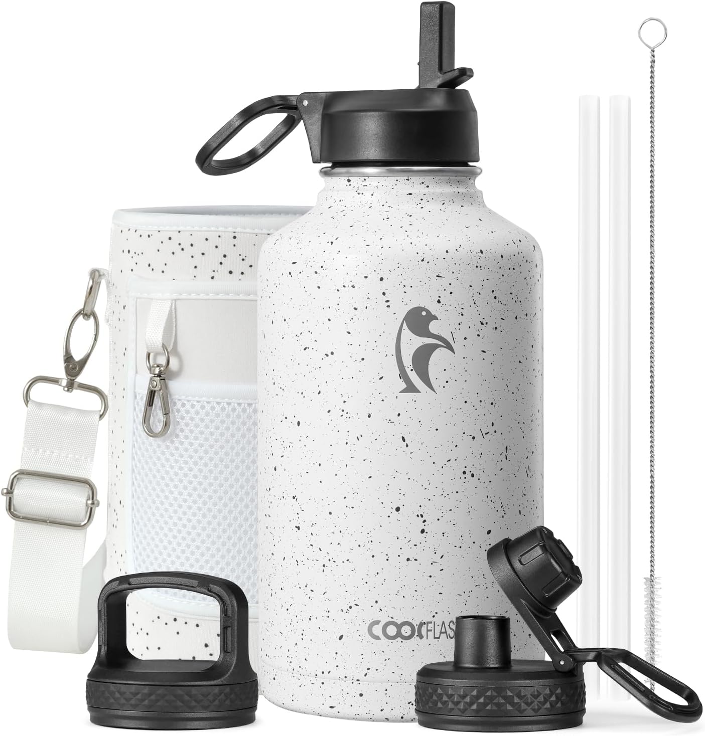 Detalle de Coolflask Long-lasting Insulated Water Bottle, 64 oz Stainless Steel Jug with 3 Lids