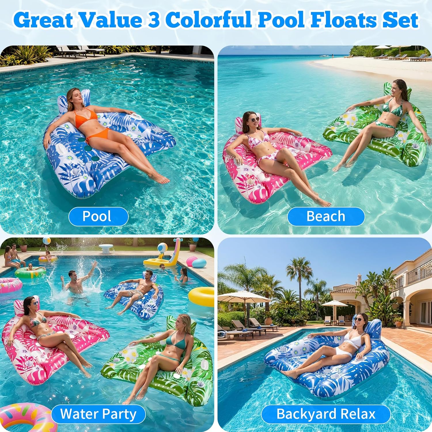 Thumbnail 5 de Ornnut XL/L Pool Float Chairs (3-Pack or 4-Pack) with Cupholders, Handles & 9 Vents