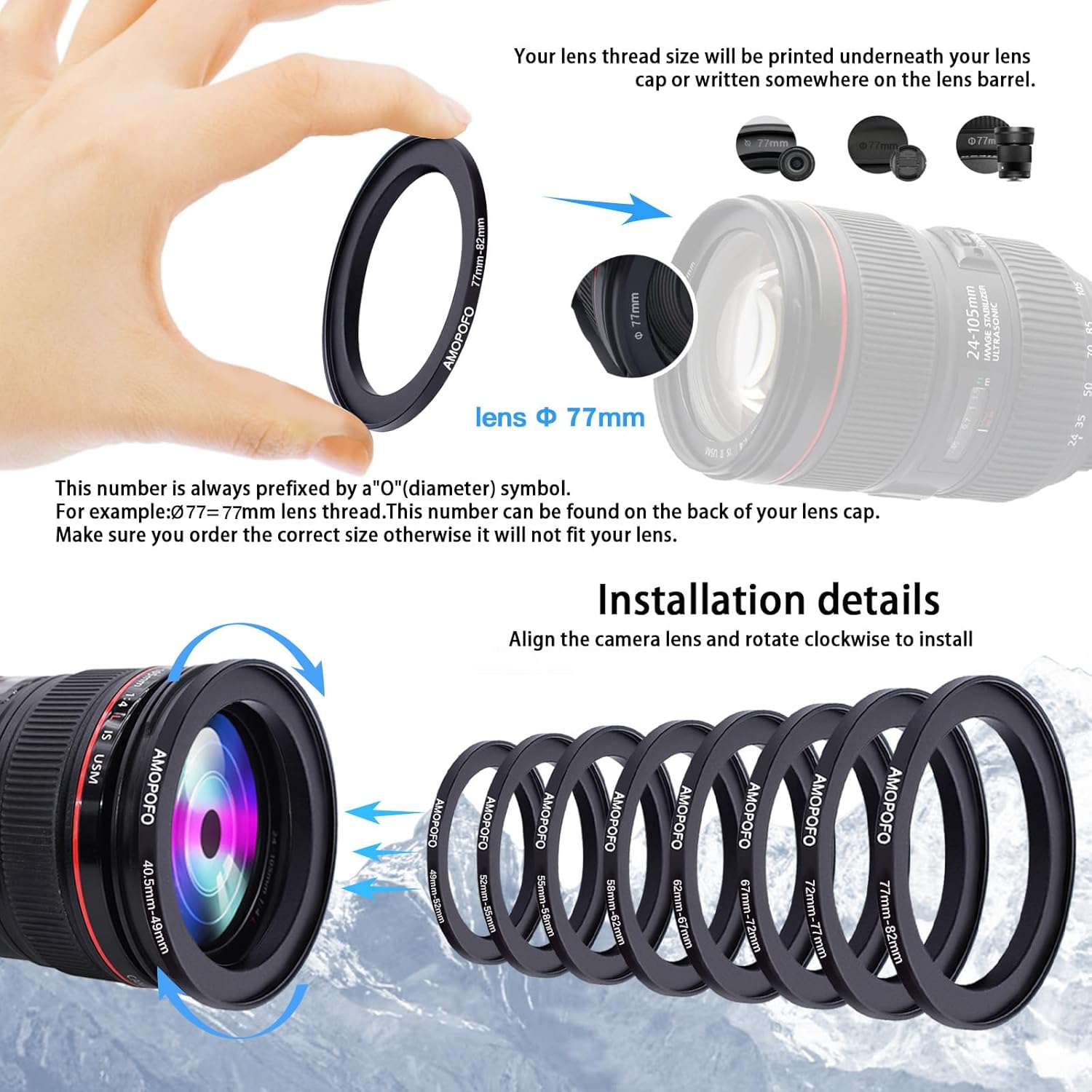 Thumbnail 3 de 9-Stück Filterring-Adapter-Set 40,5–82 mm: Passgenaue Step-Up Ringe für Objektive