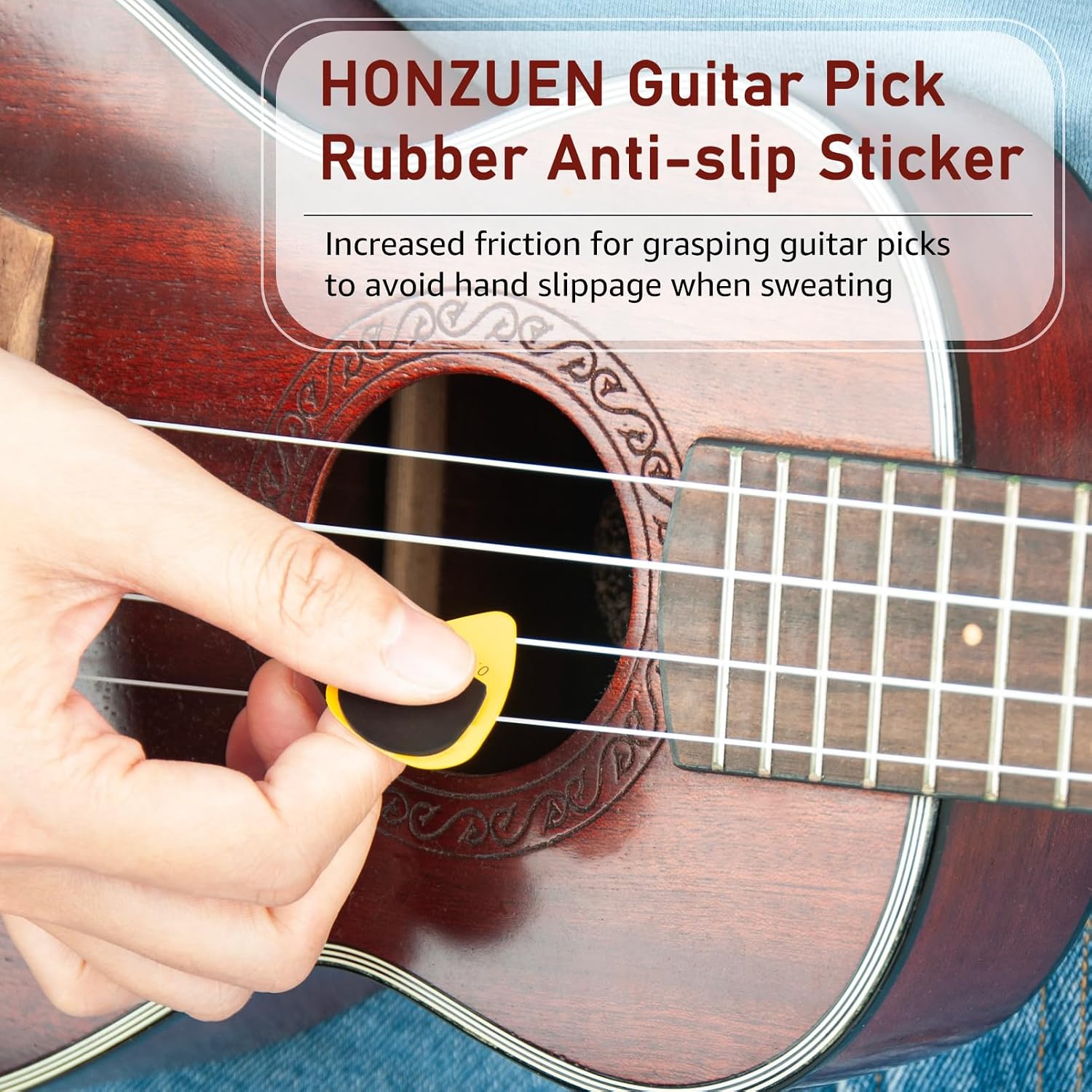Detalle 2 de HONZUEN 48 Stück Gitarrenplektrum-Aufkleber – Selbstklebende, rutschfeste Plektrum-Aufkleber (1 mm) für Gitarren, Ukulele und Bass