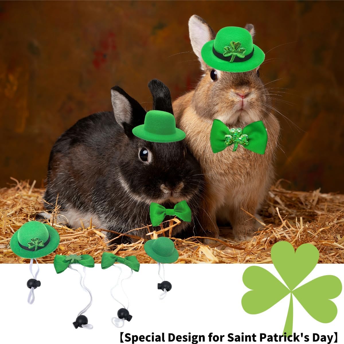 Thumbnail 4 de St Patrick’s Day small animal costume set (4pcs, green) with adjustable collar, bow tie & hats for guinea pig, rabbit, hamster and more (XS – 4pcs green set)