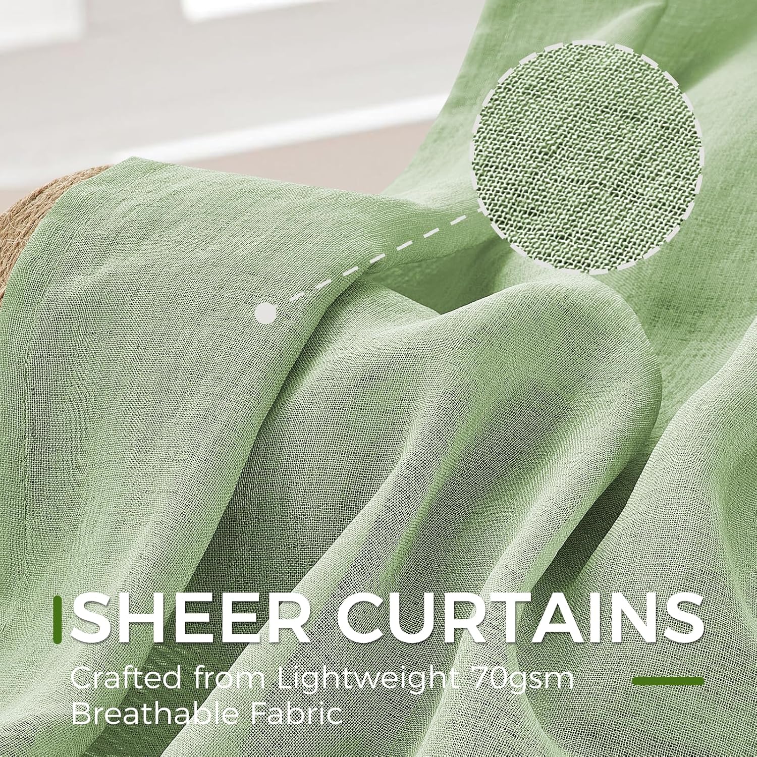 Thumbnail 2 de MRTREES Green Sheer Rod Pocket Curtains, 2 Panels – Sage Green, 140x122 cm (55x48 in) with 48 Inch Drop