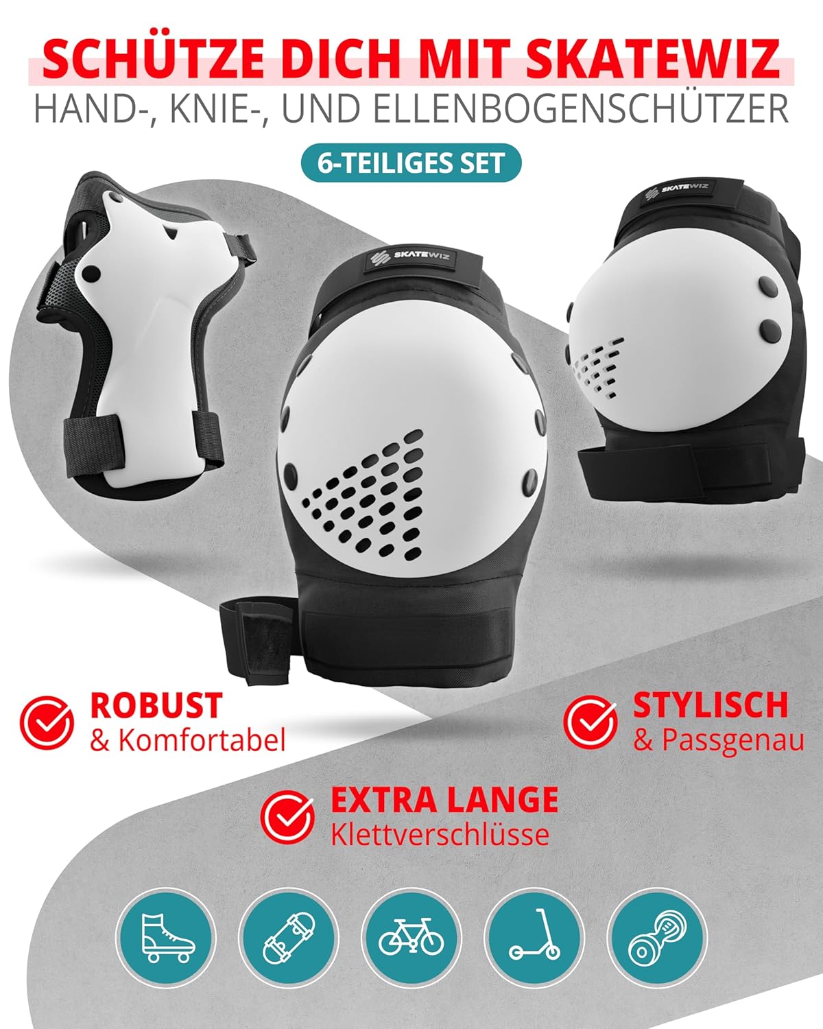 Thumbnail 1 de SKATEWIZ Kinder Knieschoner & Ellenbogenschützer für Inliner – Smash Größe M/L, Schwarz/Weiß