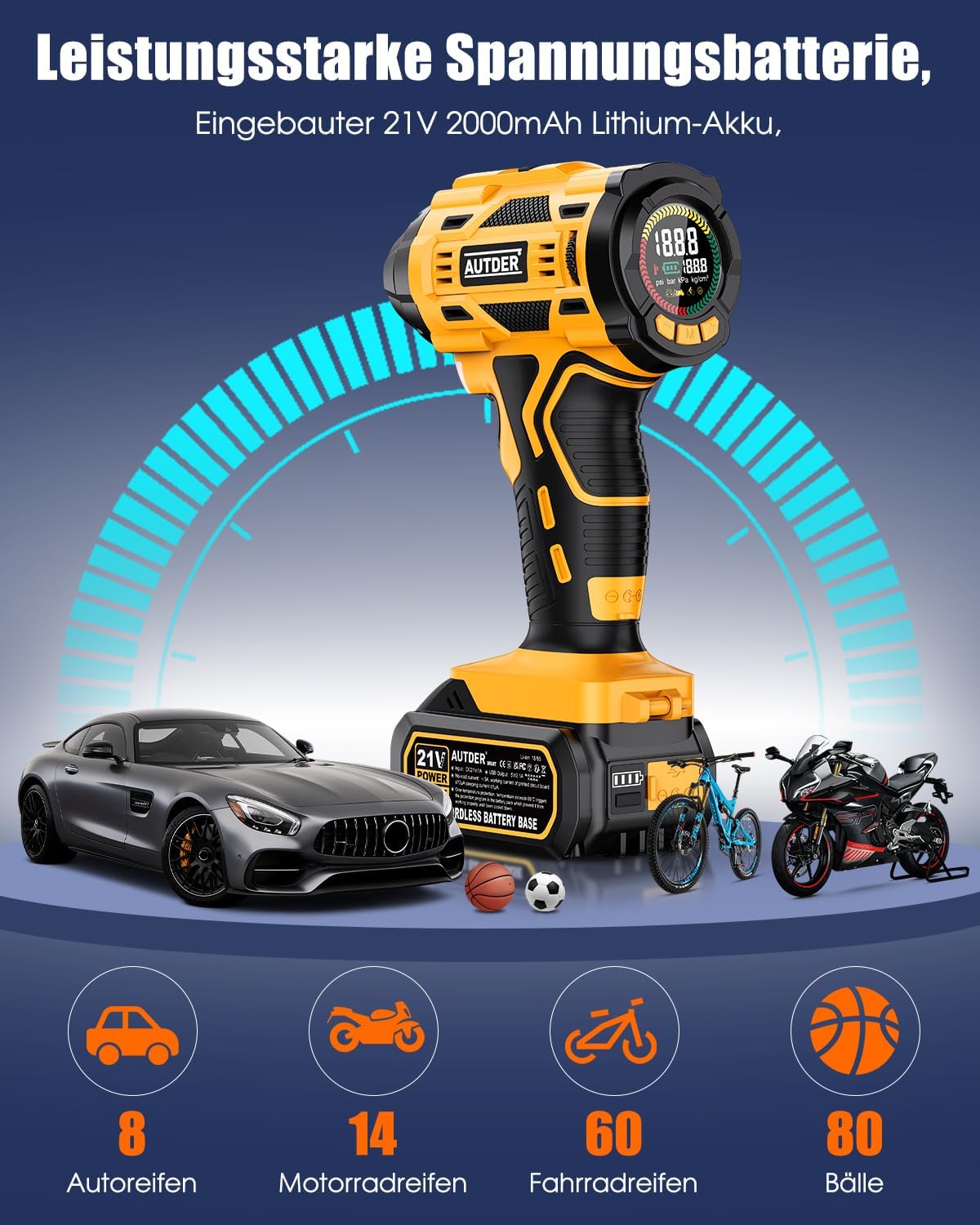 Detalle 2 de AUTDER AD380 Akku Luftkompressor 180 PSI